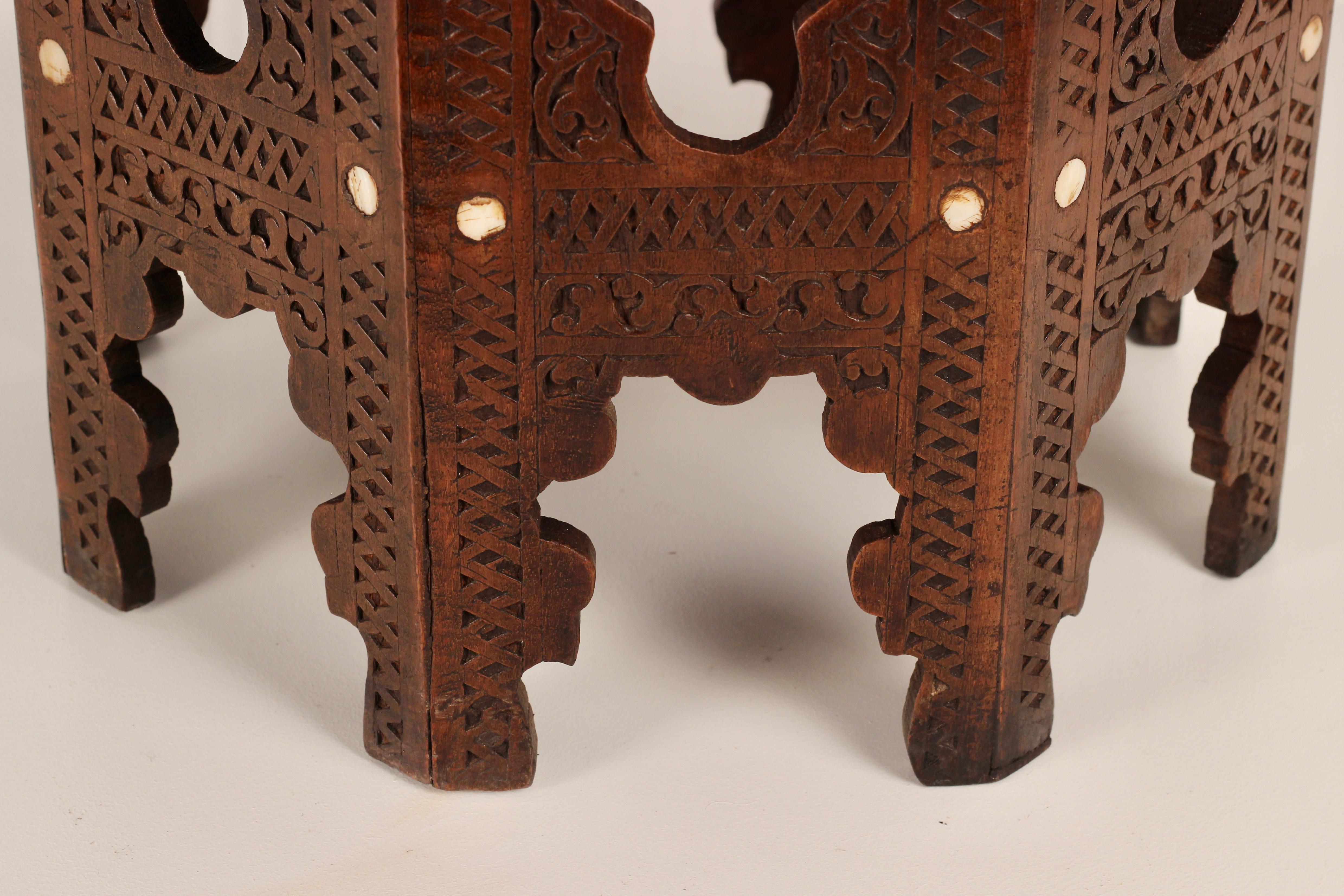 Boho Chic Style 19th Century Carved Wood and Bone Octagonal Moorish Table In Good Condition In London, GB