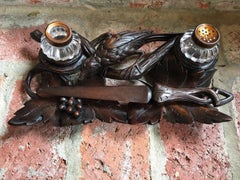 19th Century Carved Wood Black Forest Desk Set Inkwell Bird Tray w Letter Opener