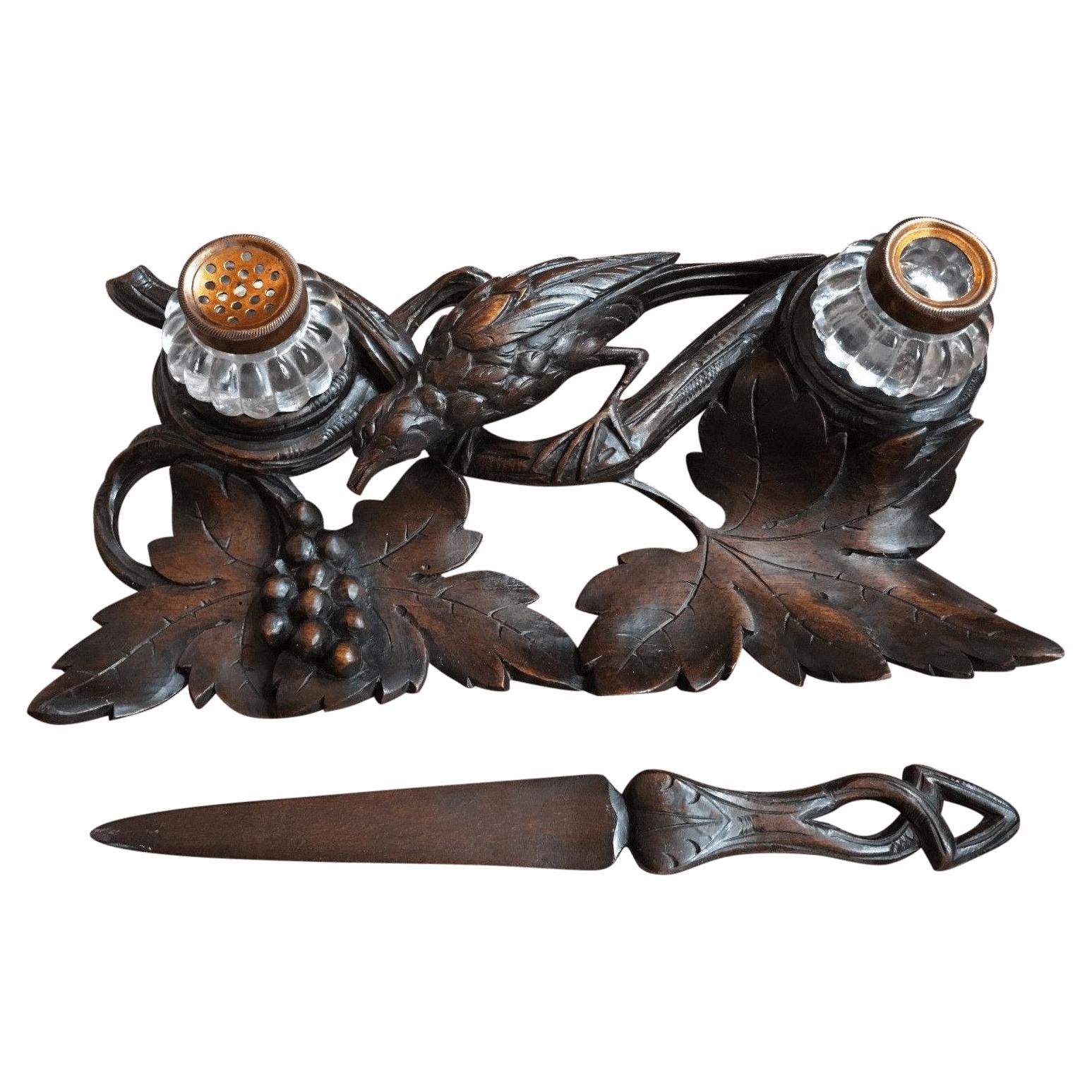 19th Century Carved Wood Black Forest Desk Set Inkwell Bird Tray w Letter Opener