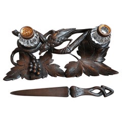 19th Century Carved Wood Black Forest Desk Set Inkwell Bird Tray w Letter Opener