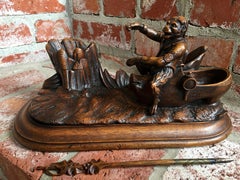 19th Century Carved Black Forest Monkey Dutch Shoe German Ink Well Militia