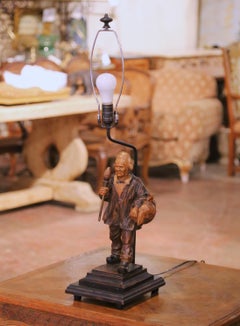 19th Century Carved Wood Figure Table Lamp Signed Jeret