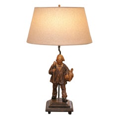 19th Century Carved Wood Figure Table Lamp Signed Jeret