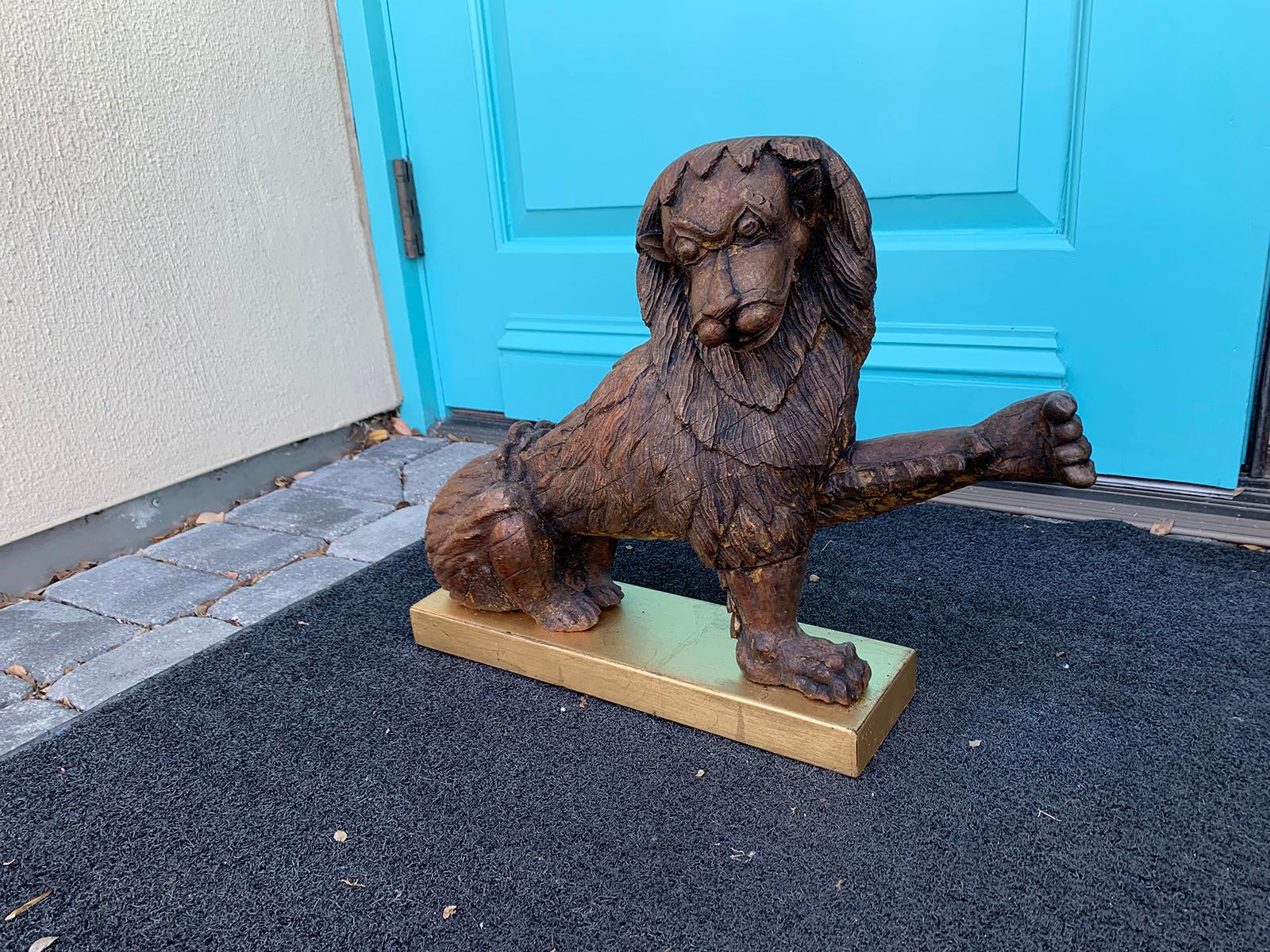 19th Century Carved Wood Lion on Custom Gilded Base In Good Condition For Sale In Atlanta, GA