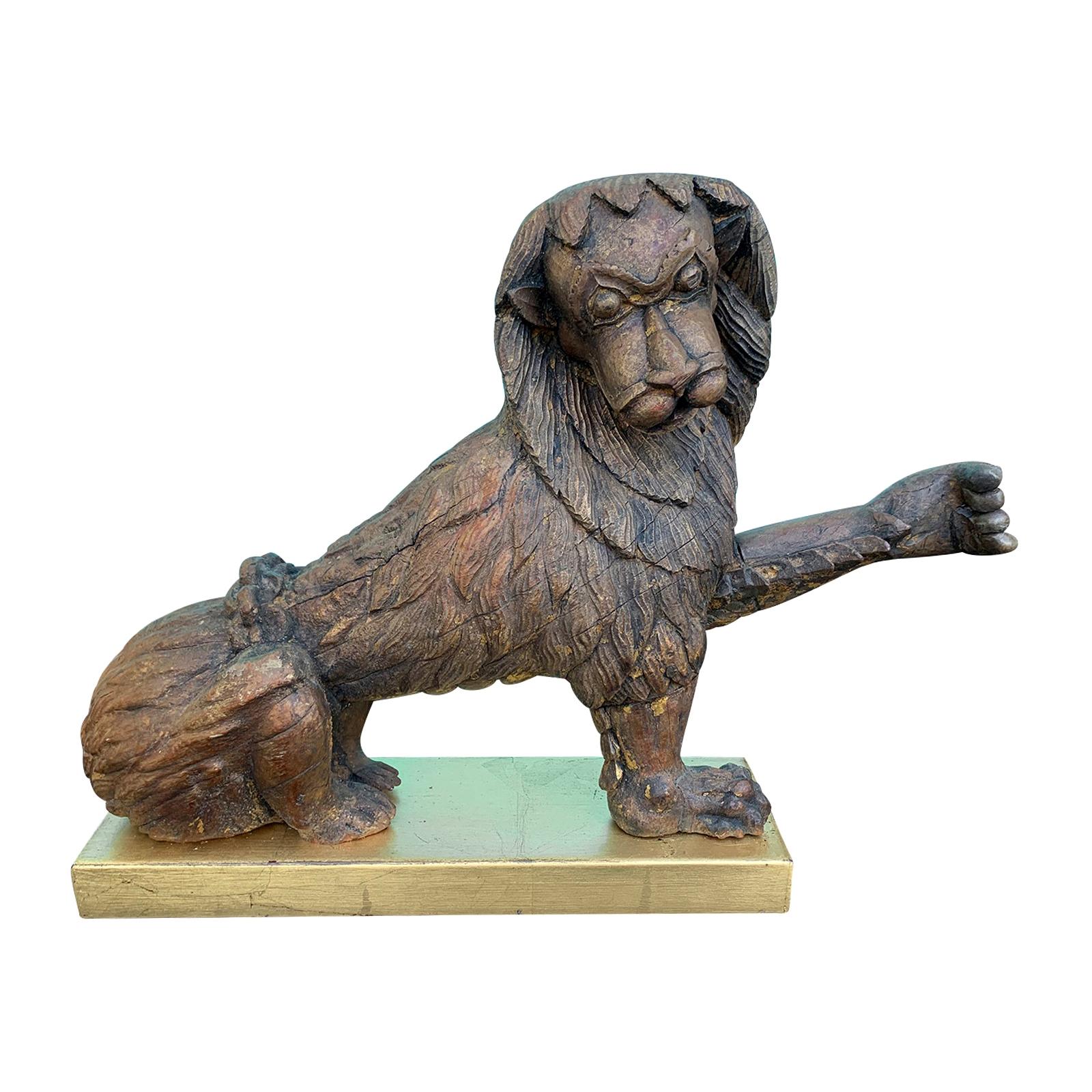 19th Century Carved Wood Lion on Custom Gilded Base For Sale