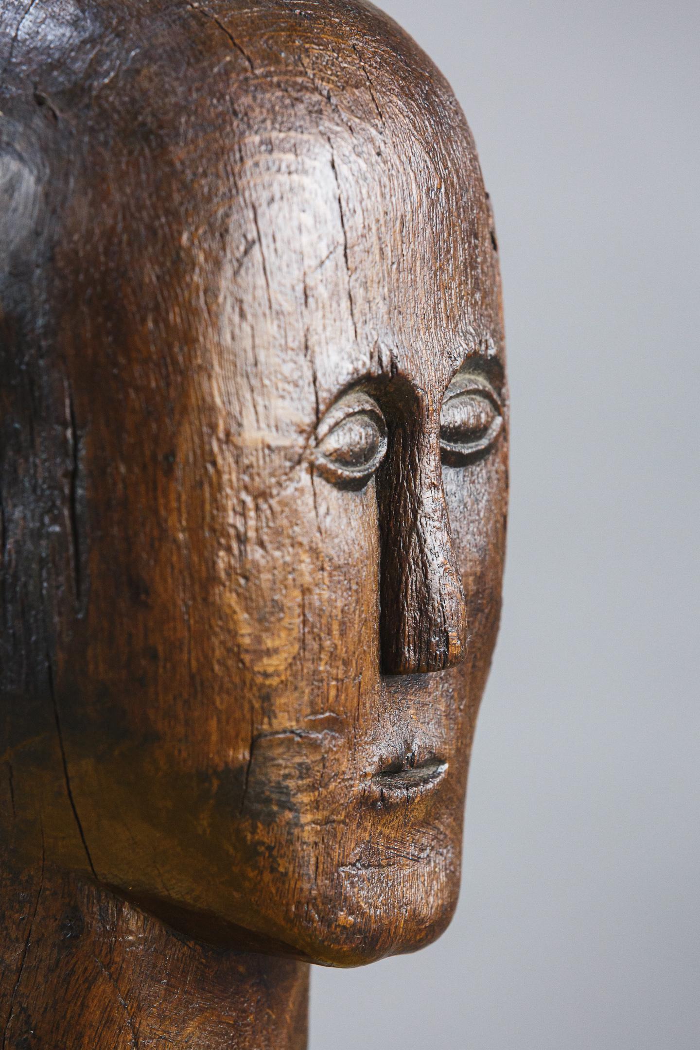 Early 19th century carved wood marotte or manikin head, engaging expression. France Circa 1820.