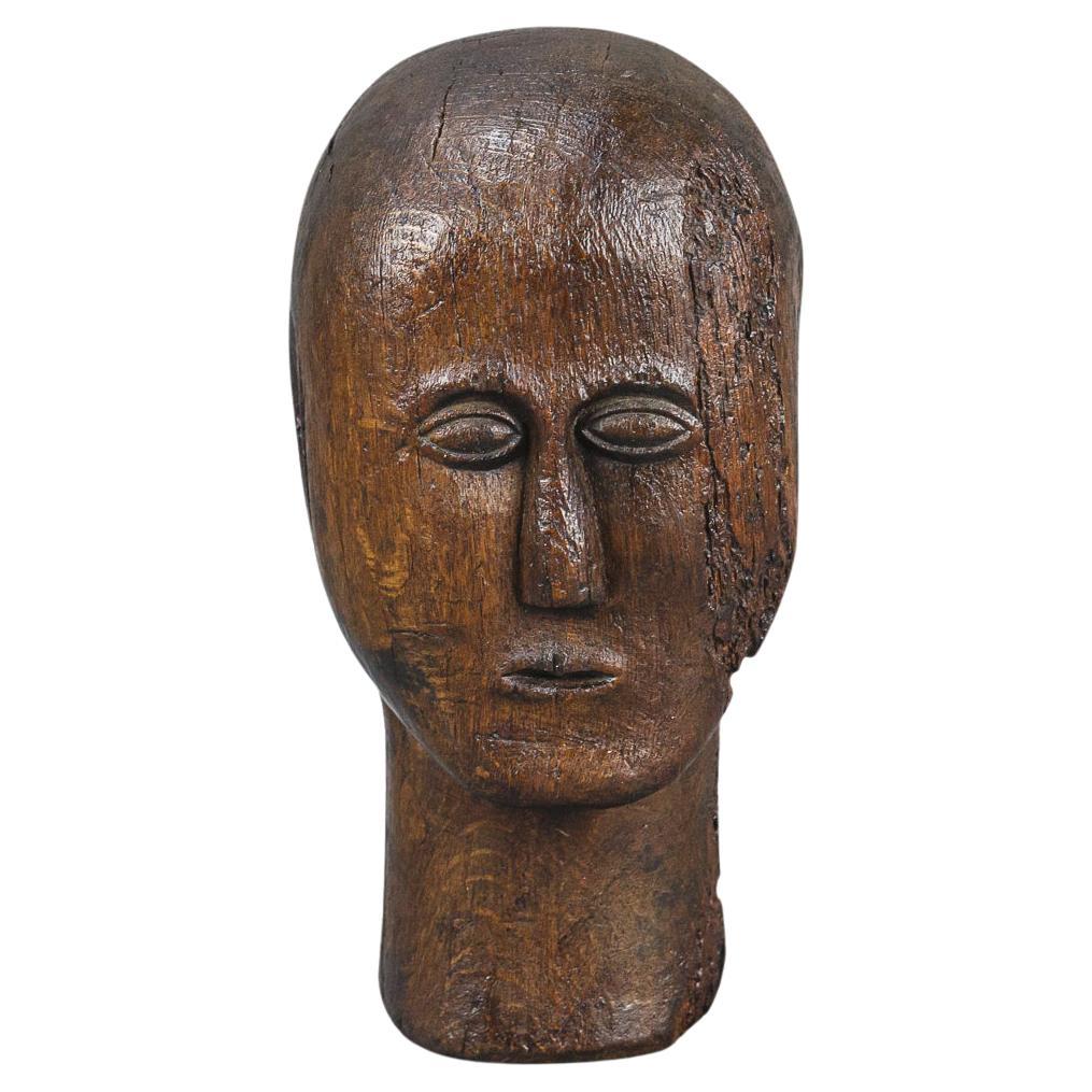 19th Century Carved Wood Marotte or Manikin Head