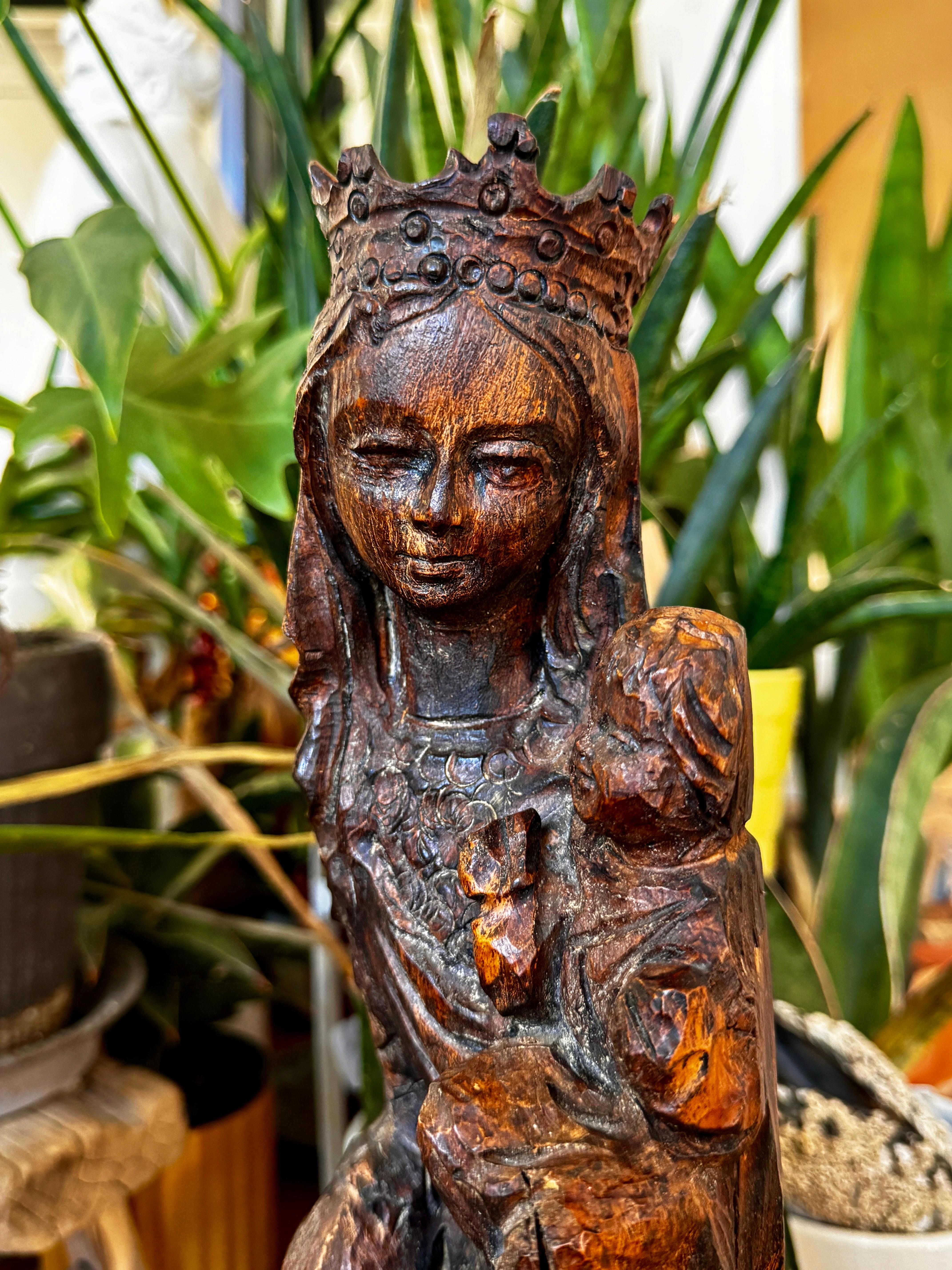 Early 20th Century wood Mary and Child in Medieval Style, likely carved in the Philippines.

17.75