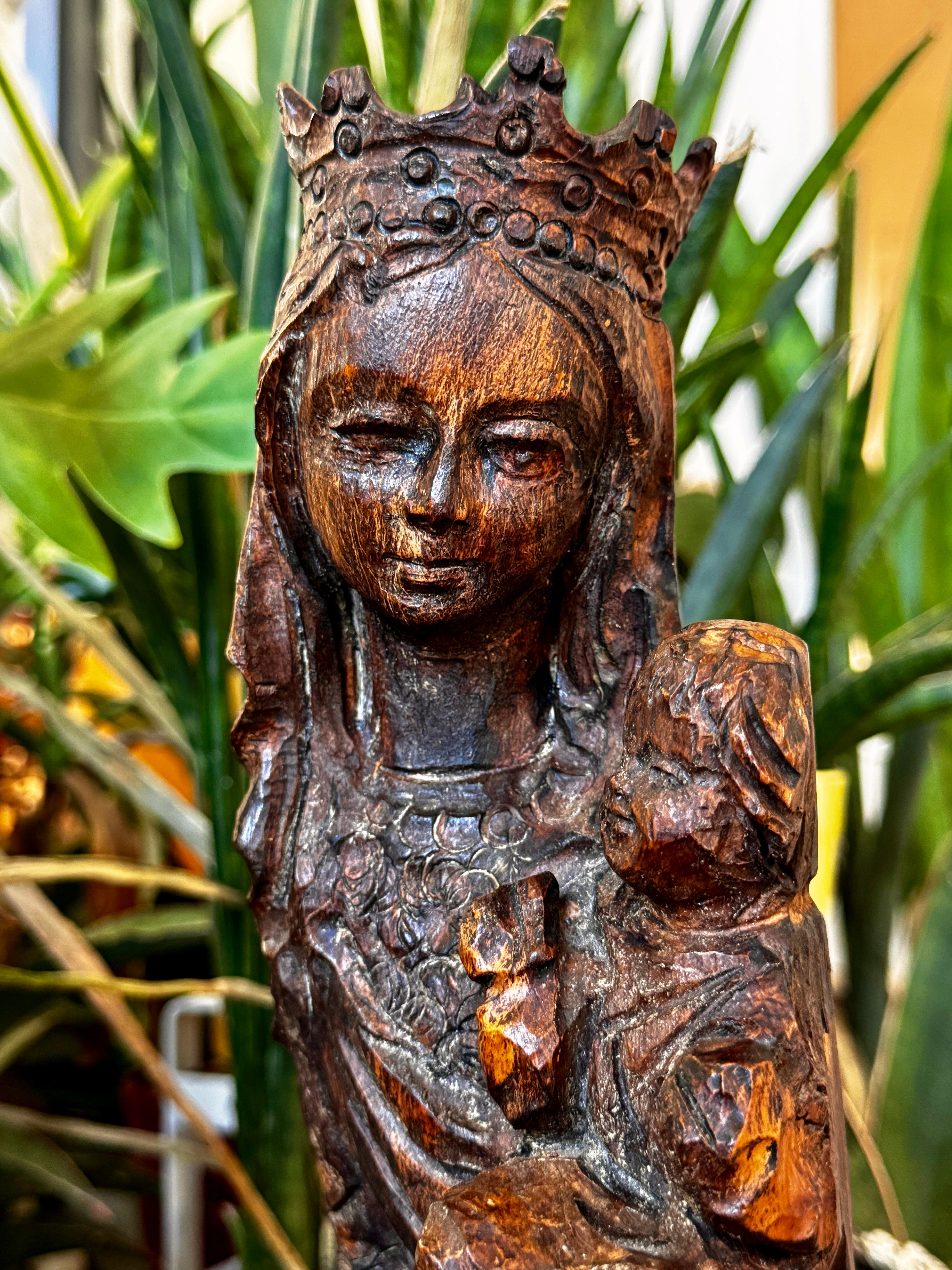 Philippine Early 20th Century Carved Wood Mary and Child in Medieval Style   For Sale