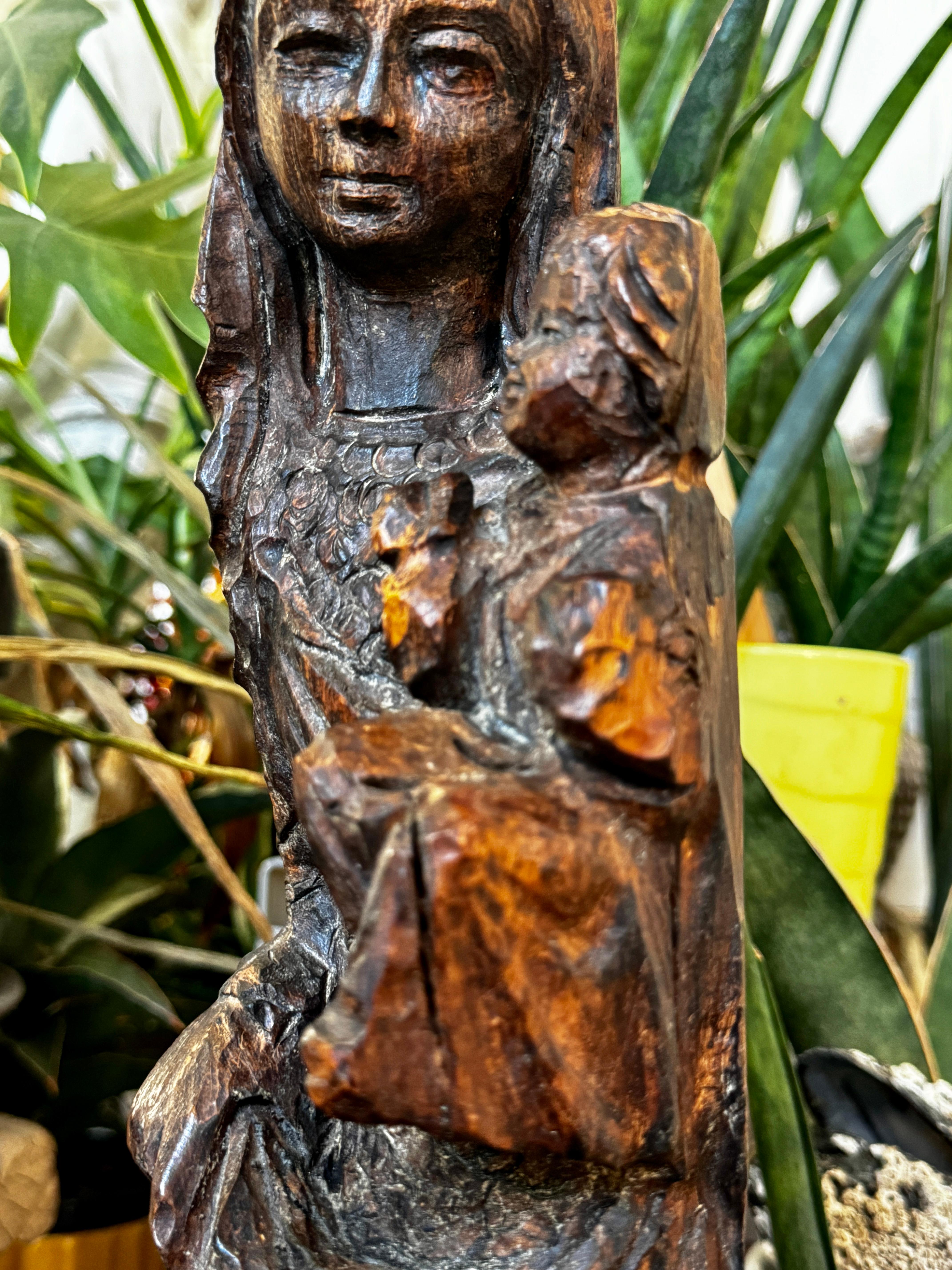 Early 20th Century Carved Wood Mary and Child in Medieval Style   For Sale 1