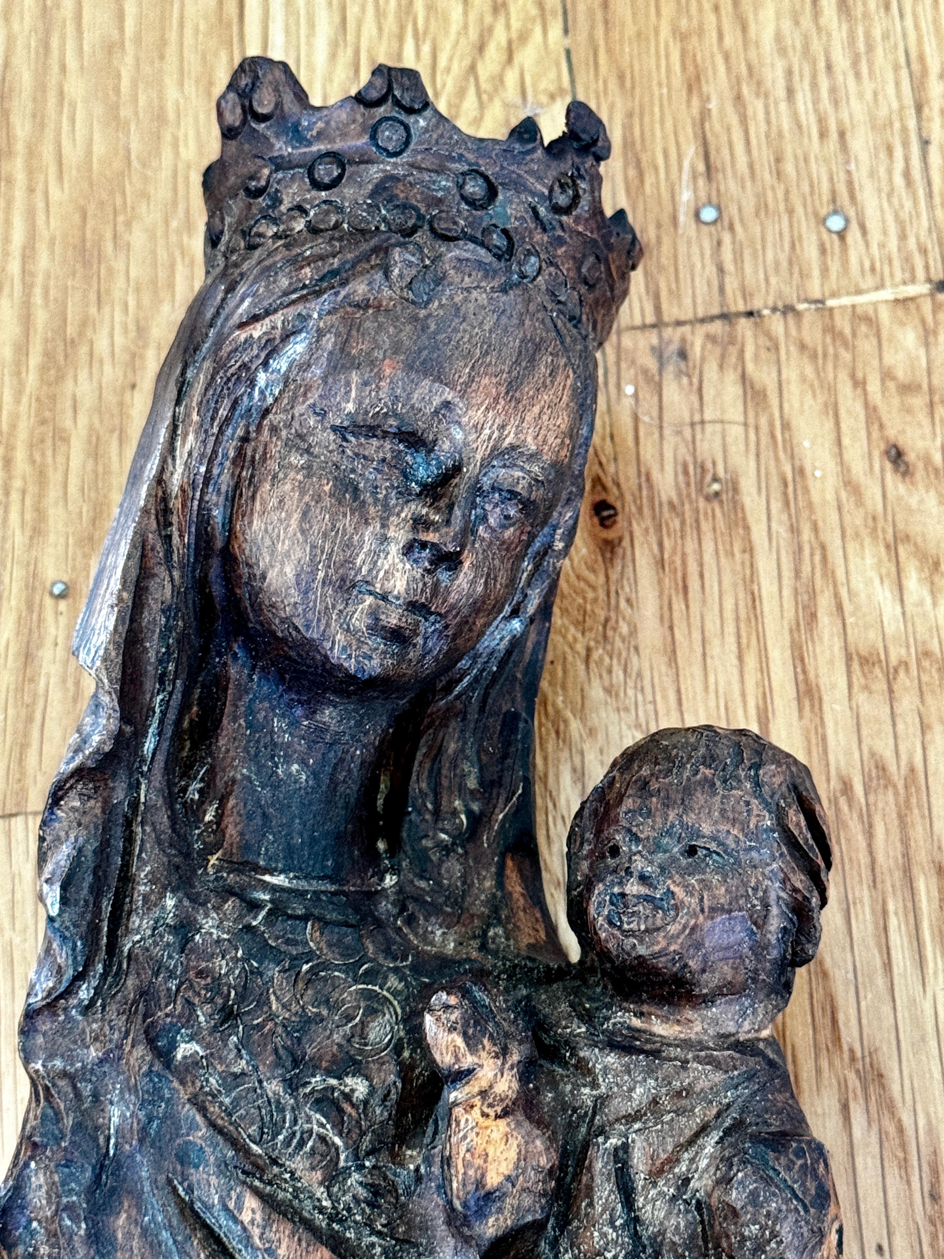 Early 20th Century Carved Wood Mary and Child in Medieval Style   For Sale 2