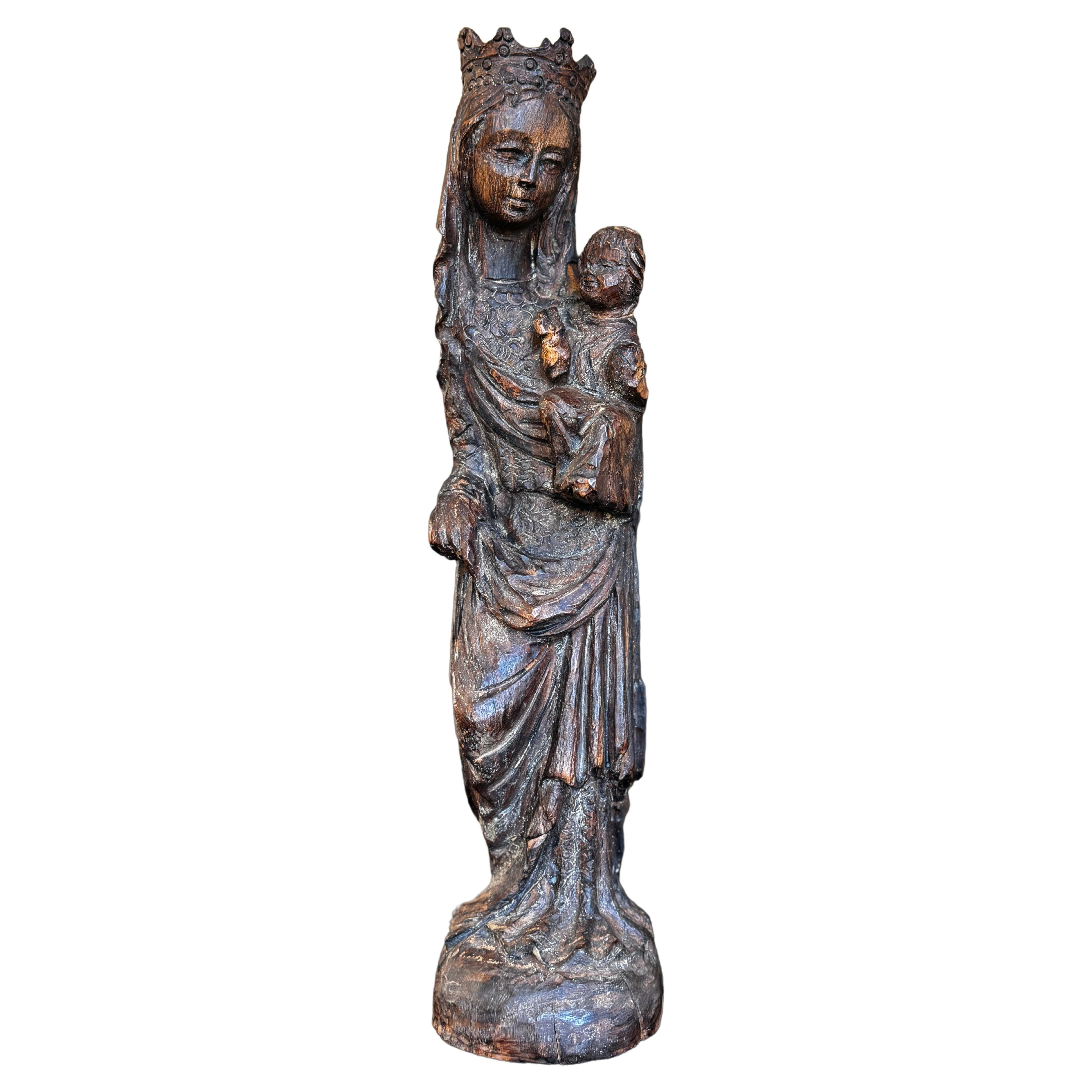 Early 20th Century Carved Wood Mary and Child in Medieval Style   For Sale