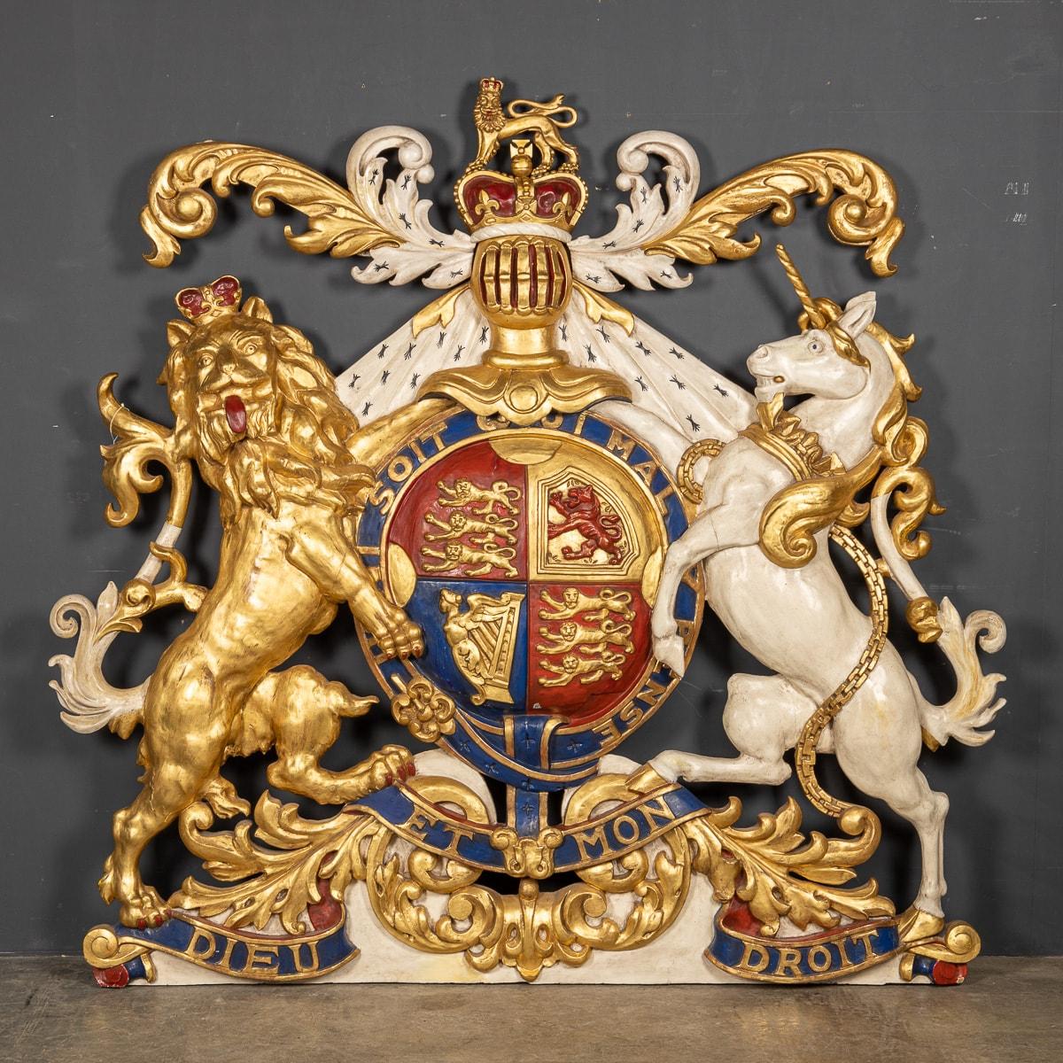 Antique mid 19th Century Victorian large and impressive, beautifully hand painted, carved wooden English Royal crest used in a court or government building around the year 1860. An incredible piece of history and a very decorative conversation piece
