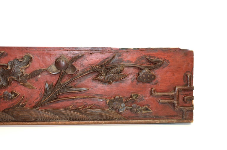 Hand-Carved 19th Century Carved Wood Panel Fragment of Lotus For Sale