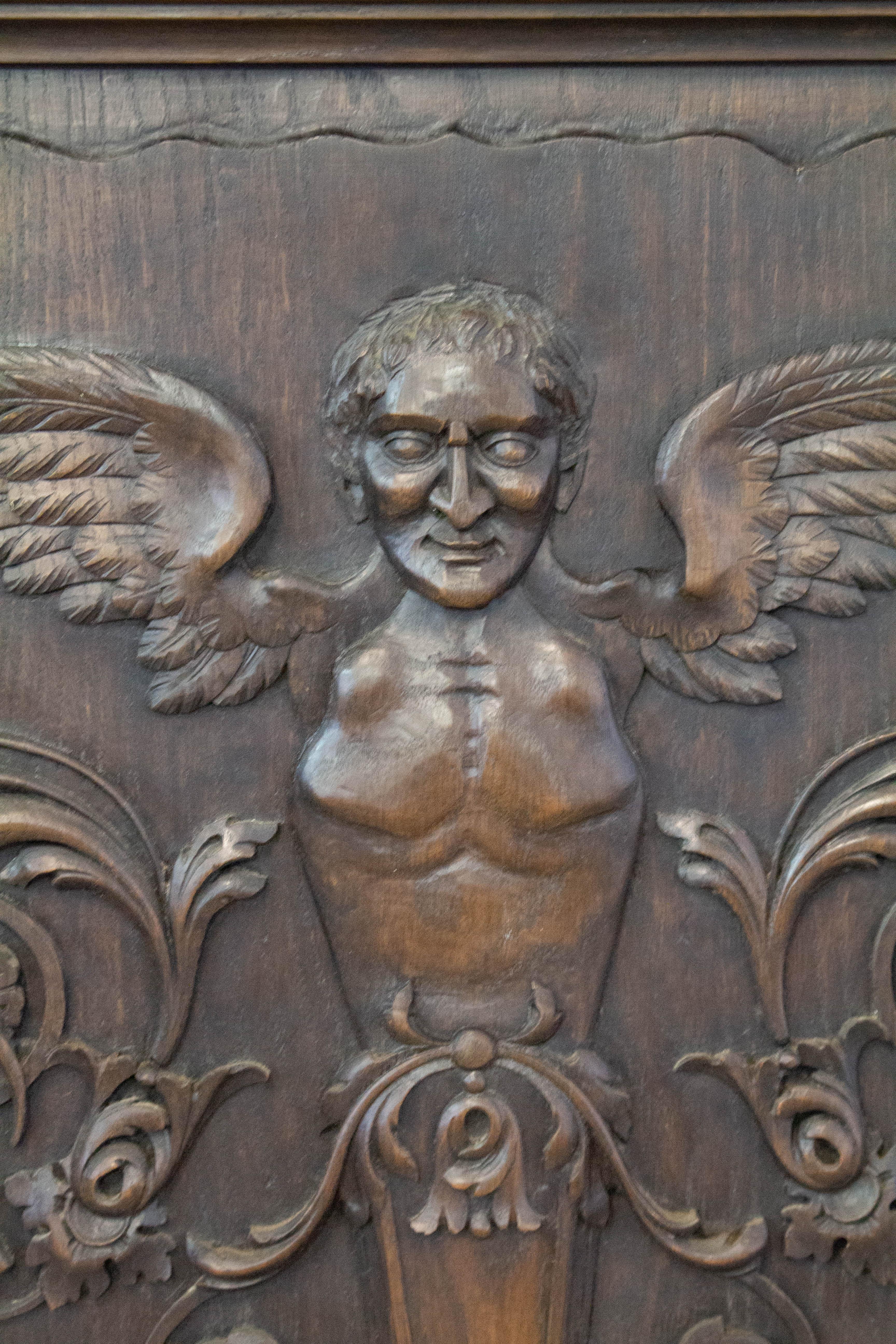 Renaissance Revival 19th Century Carved Wood Panel French One of Kind Renaissance Chimera Plaque