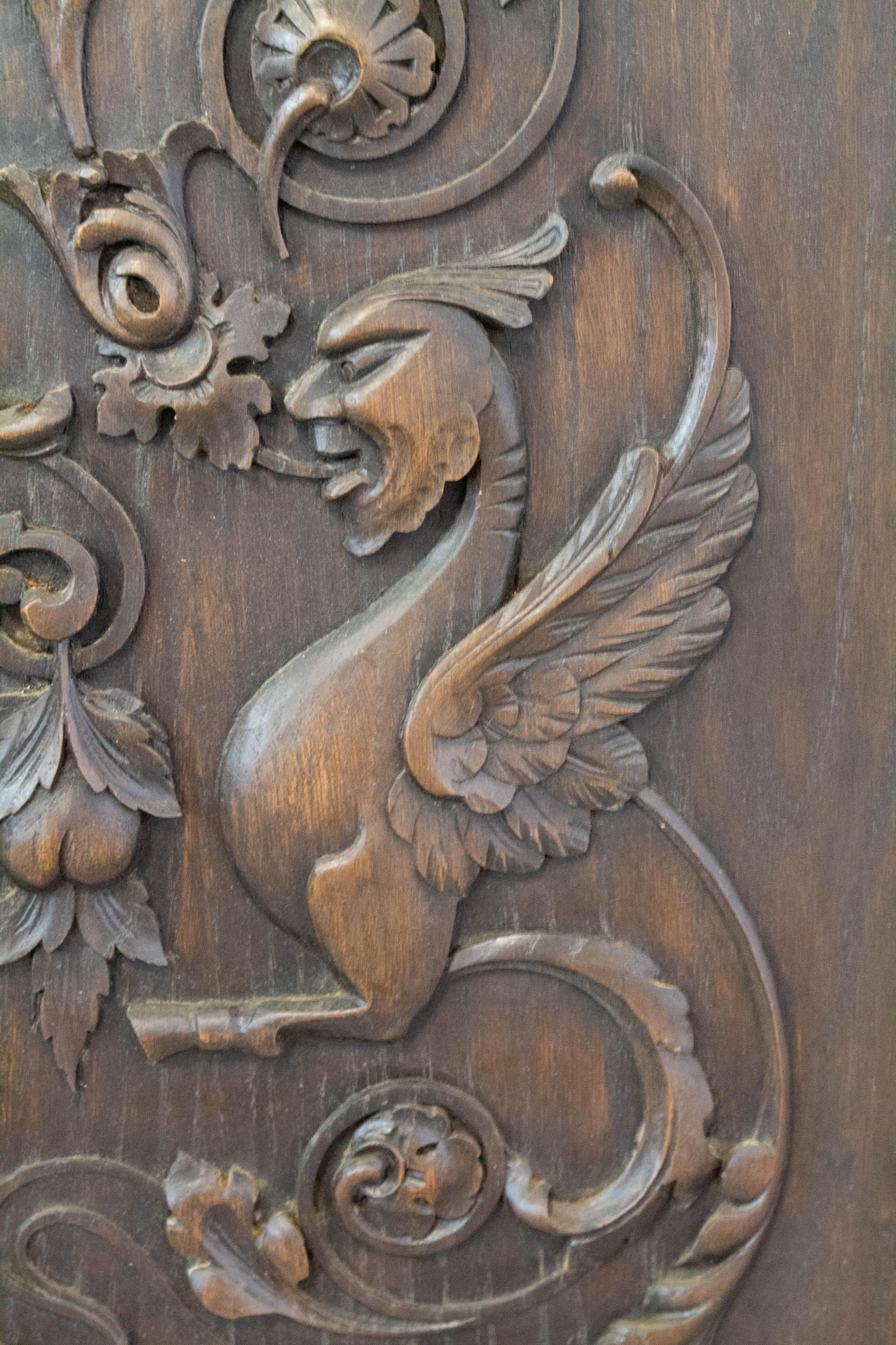 Hand-Carved 19th Century Carved Wood Panel French One of Kind Renaissance Chimera Plaque