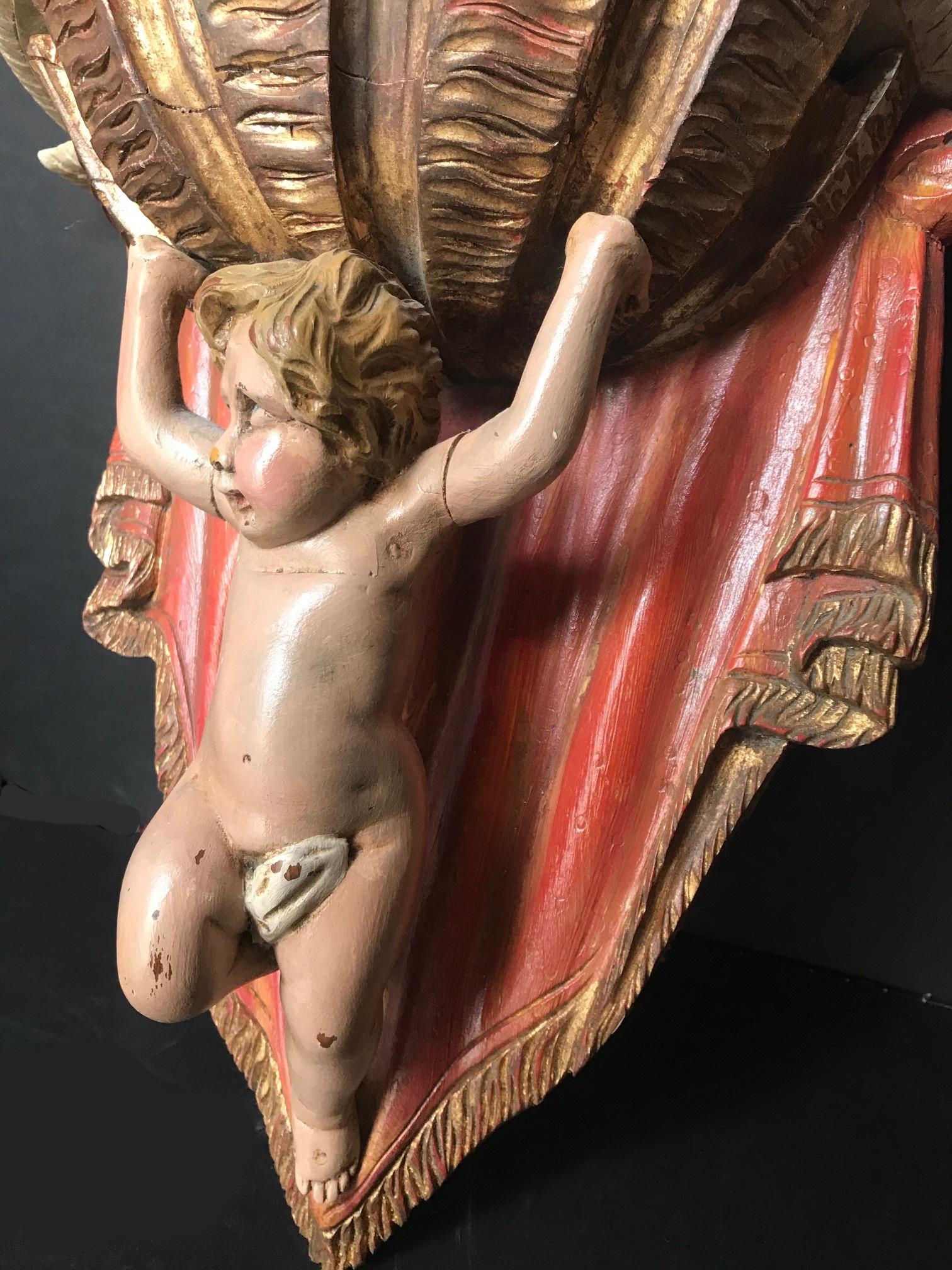 19th Century Carved Wood Polychrome and Gilt Putto Hanging Shelf 4