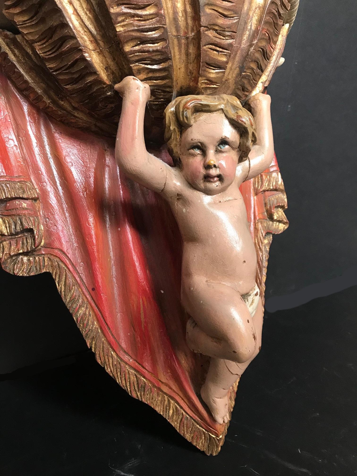 19th Century Carved Wood Polychrome and Gilt Putto Hanging Shelf 5