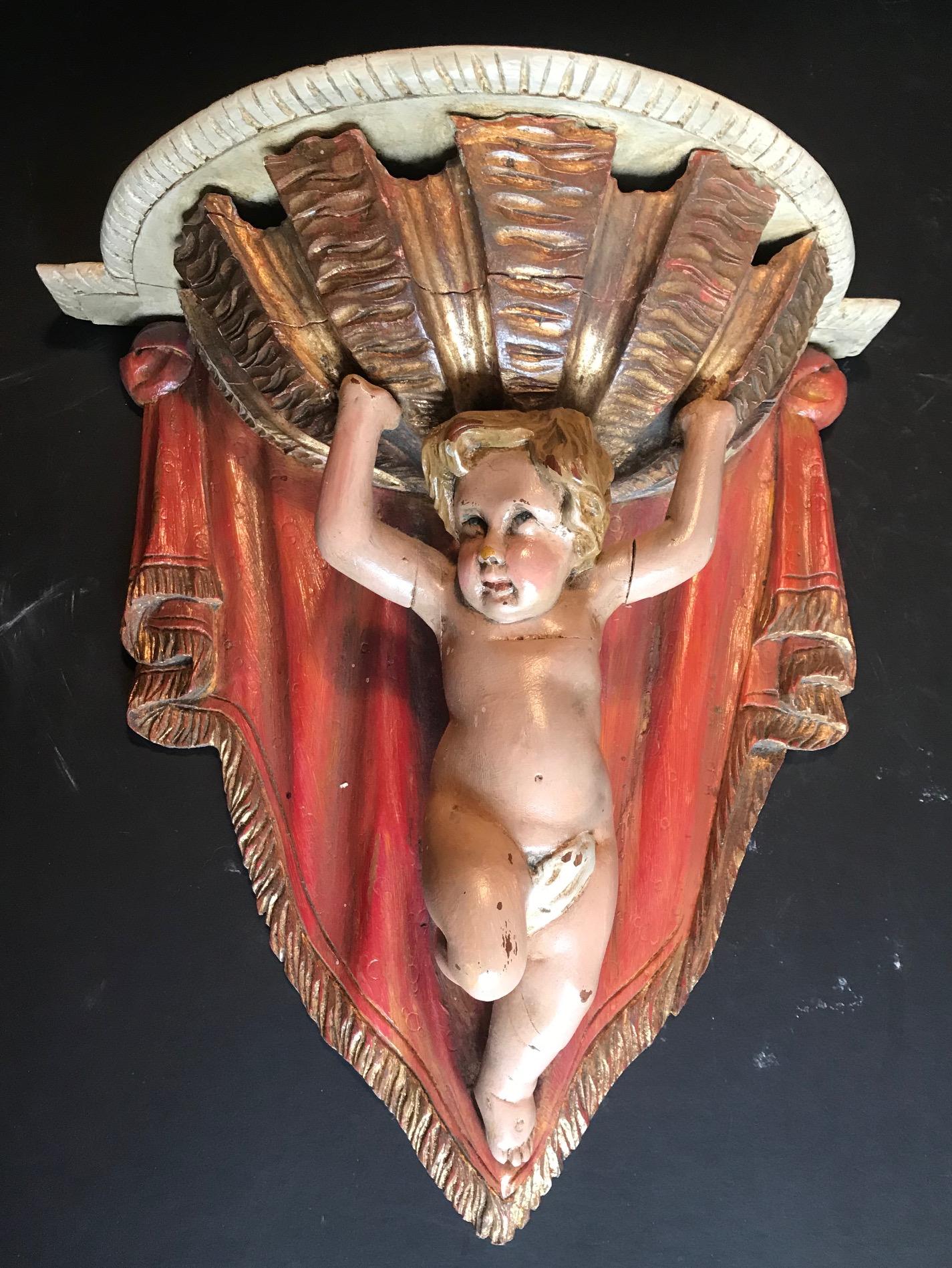 Baroque 19th Century Carved Wood Polychrome and Gilt Putto Hanging Shelf