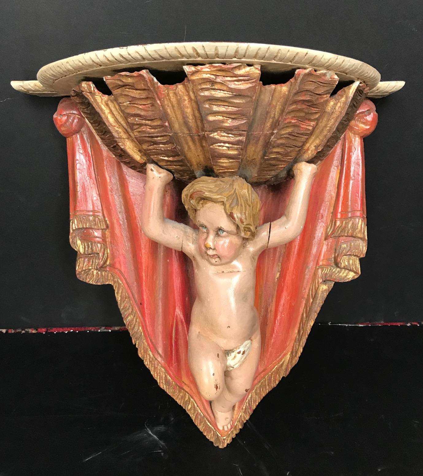 French 19th Century Carved Wood Polychrome and Gilt Putto Hanging Shelf