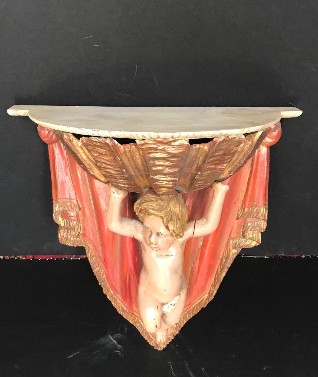 Hand-Carved 19th Century Carved Wood Polychrome and Gilt Putto Hanging Shelf