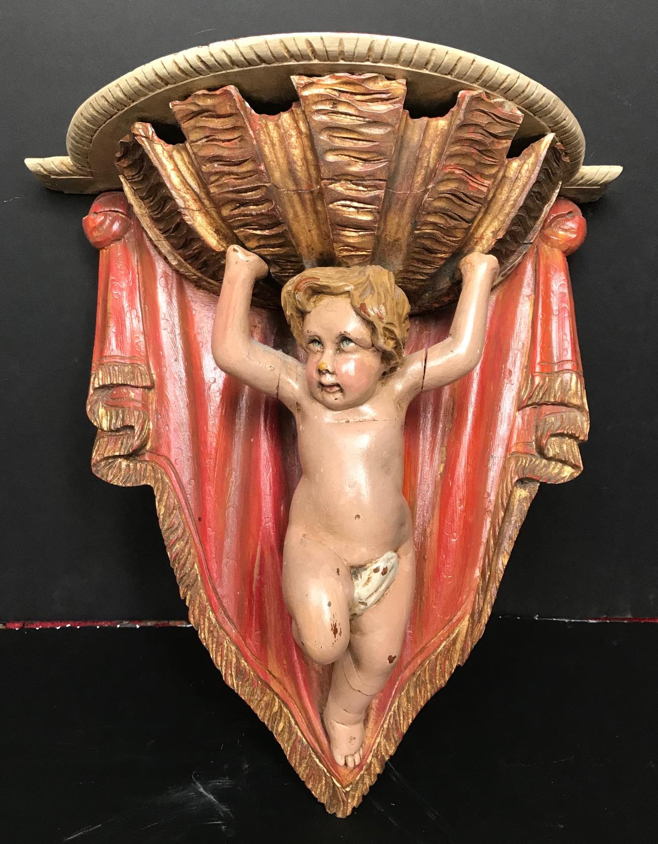 19th Century Carved Wood Polychrome and Gilt Putto Hanging Shelf In Good Condition In Vero Beach, FL