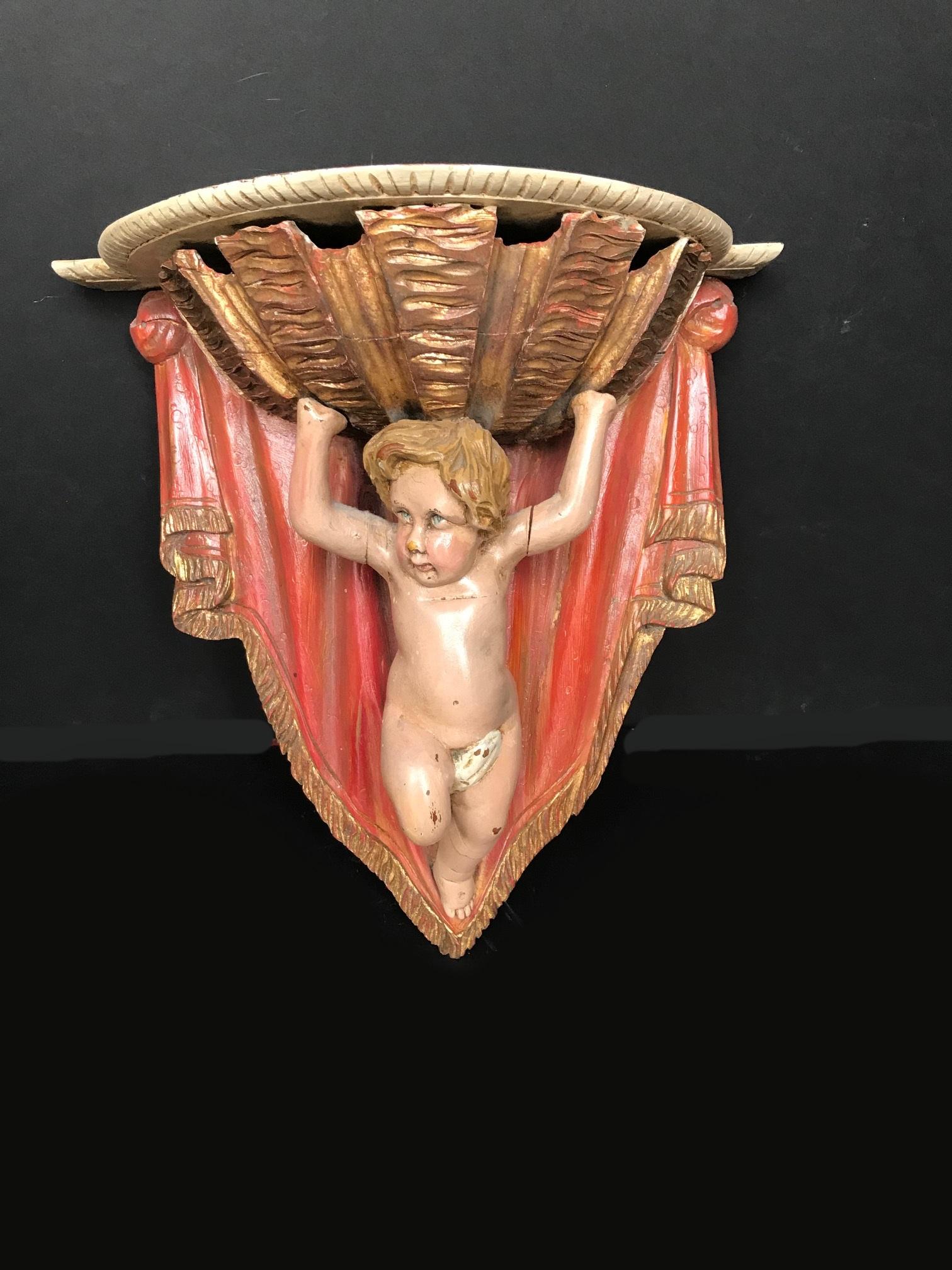 19th Century Carved Wood Polychrome and Gilt Putto Hanging Shelf 1