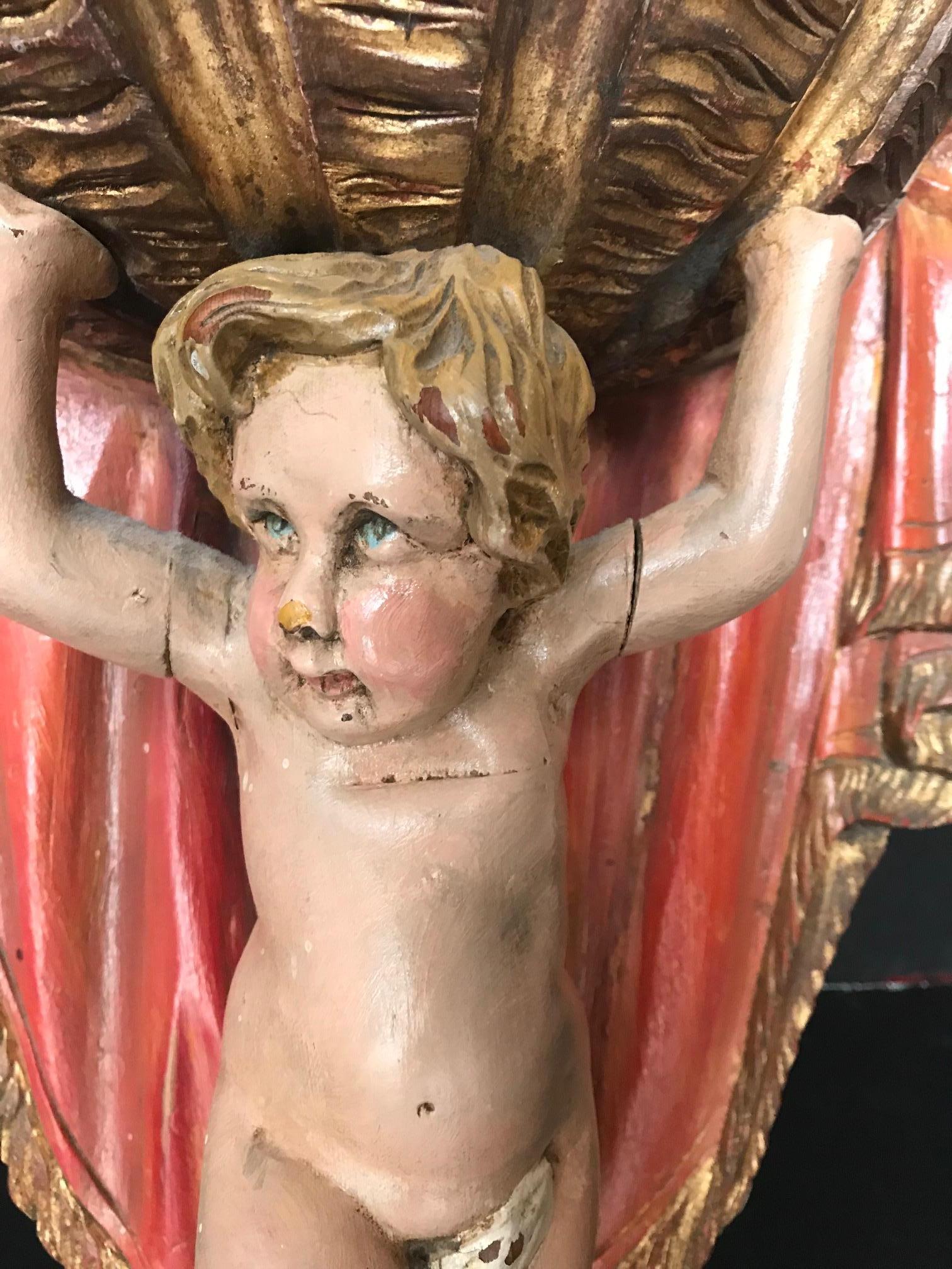 19th Century Carved Wood Polychrome and Gilt Putto Hanging Shelf 2