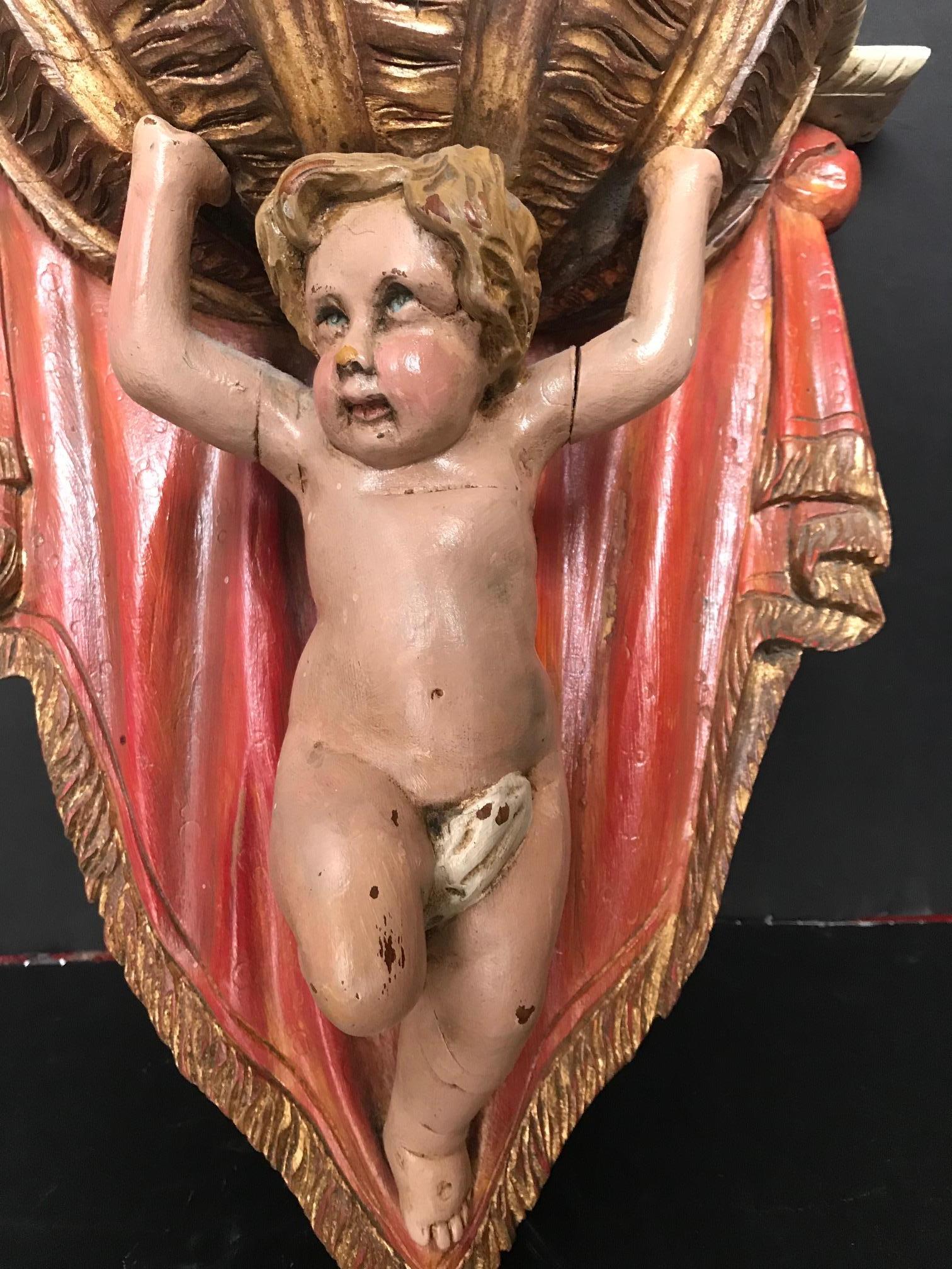 19th Century Carved Wood Polychrome and Gilt Putto Hanging Shelf 3