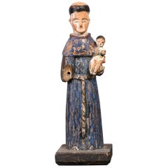 Antique 19th Century Carved Wood Saint Anthony Santo Sculpture