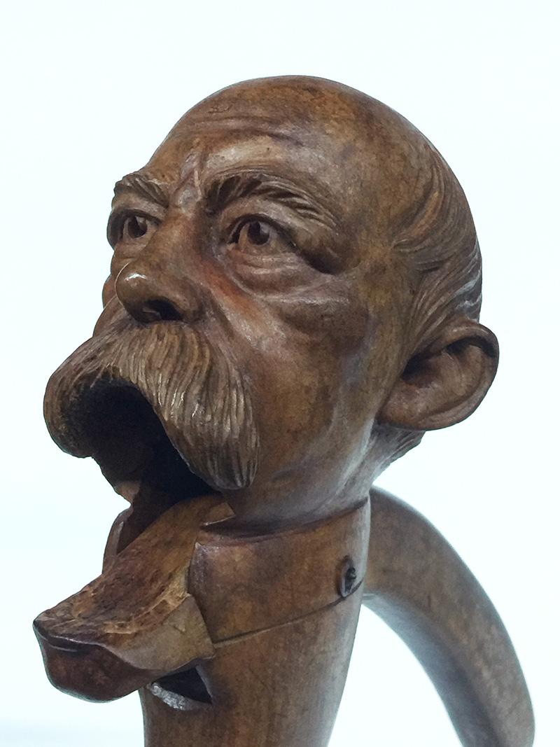 19th century carved wooden figural nutcracker of Otto Von Bismarck

A wooden nutcracker with figural scene of Otto Von Bismarck
In working condition, but shows some age wear
The measurement is 22 cm long and 8.5 cm wide and the dept is 6.5 cm.

 