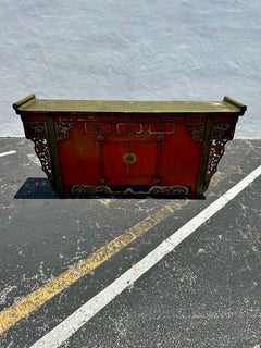 19th Century Carved Hand Painted  Red Green Chinese Sideboard