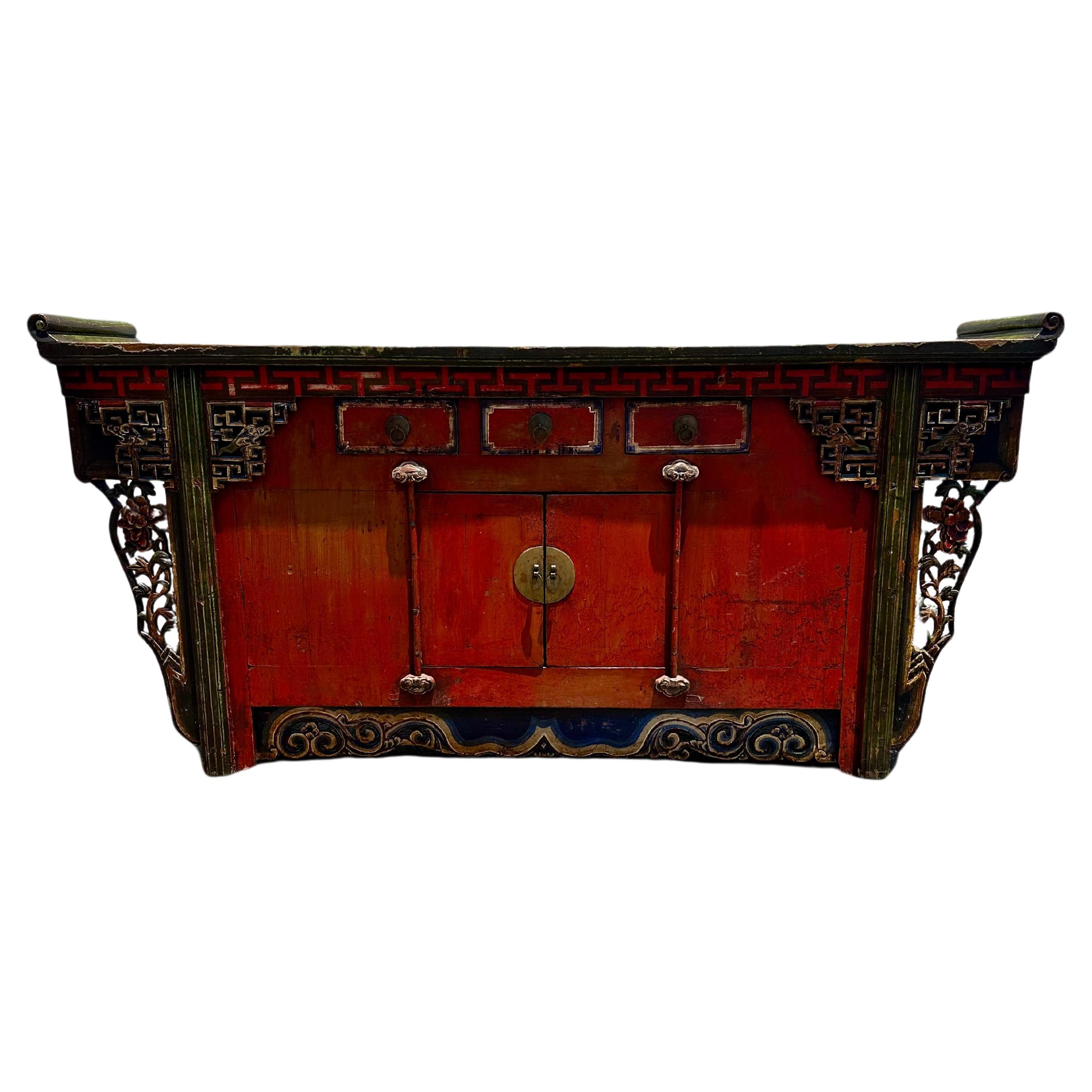 19° secolo scolpito e dipinto a mano  Credenza cinese Red Greene & Greene