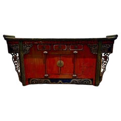 19th Century Carved Hand Painted  Red Green Chinese Sideboard