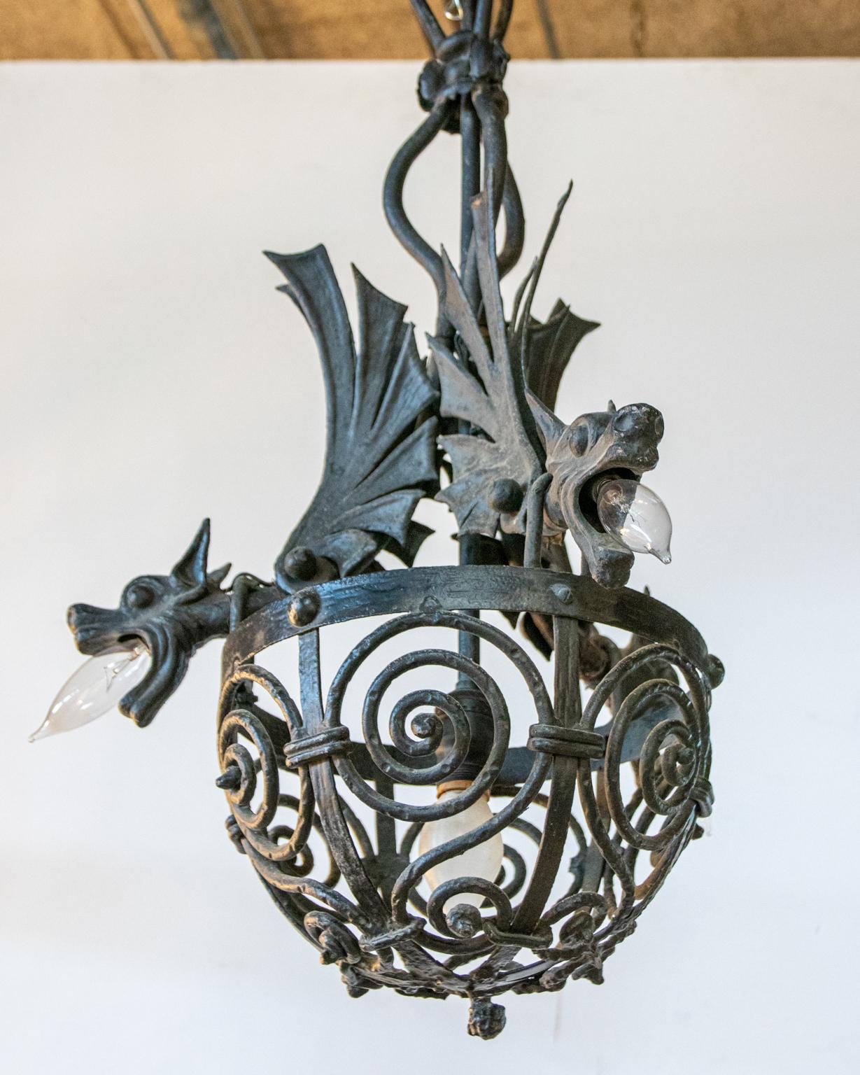 Gothic Revival 19th Century Cast and Wrought Iron Hanging Light Fixture