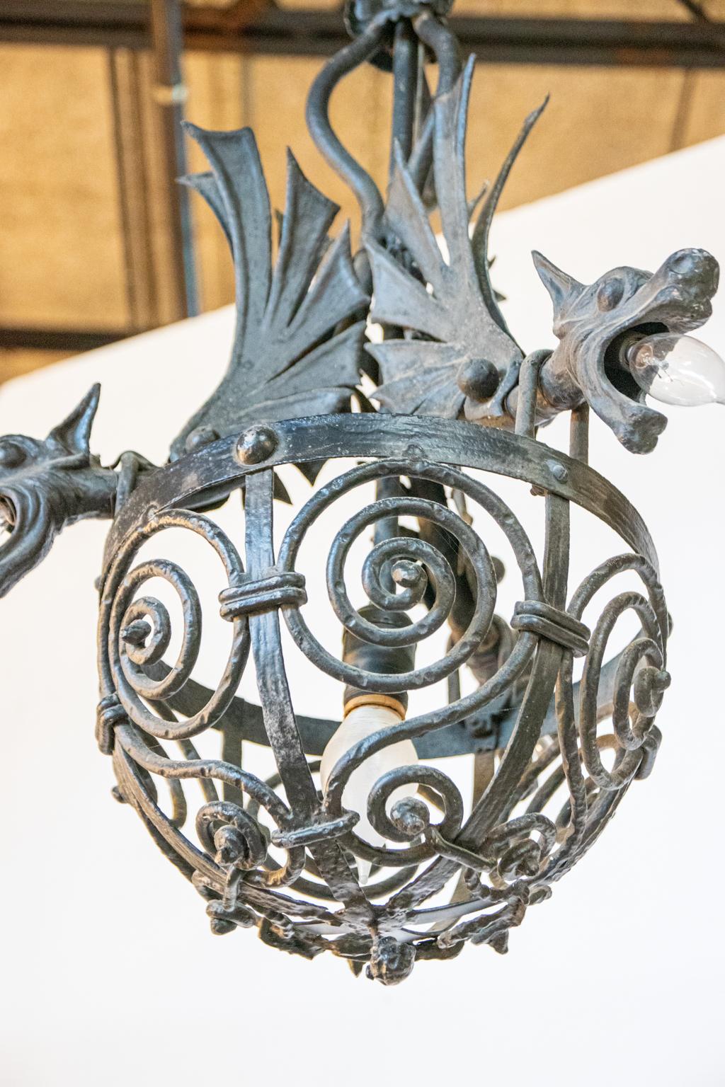 19th Century Cast and Wrought Iron Hanging Light Fixture In Good Condition In Stamford, CT