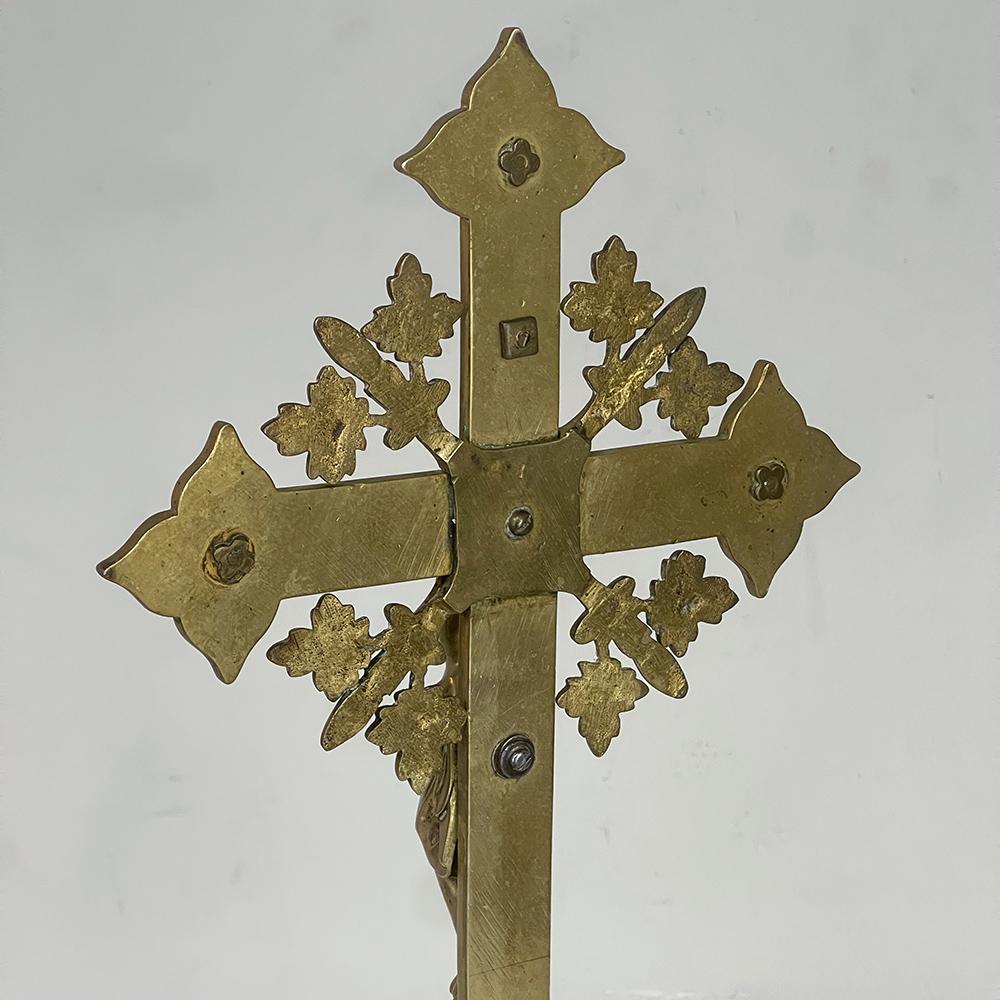 19th Century Cast Brass Crucifix with Pair of Matching Candlesticks 4