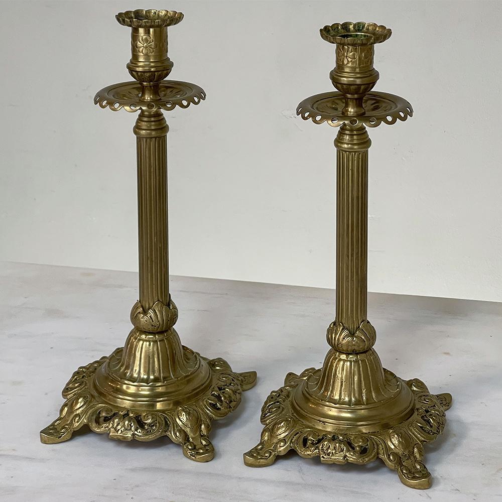 19th Century Cast Brass Crucifix with Pair of Matching Candlesticks 7