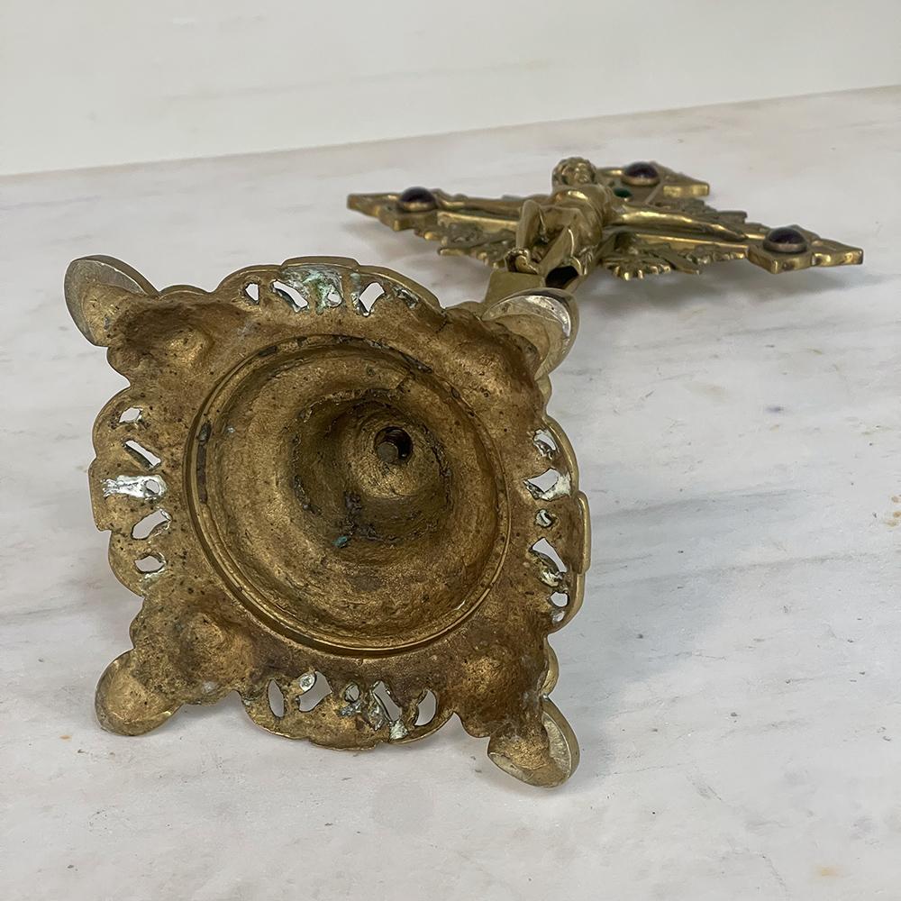 19th Century Cast Brass Crucifix with Pair of Matching Candlesticks 11