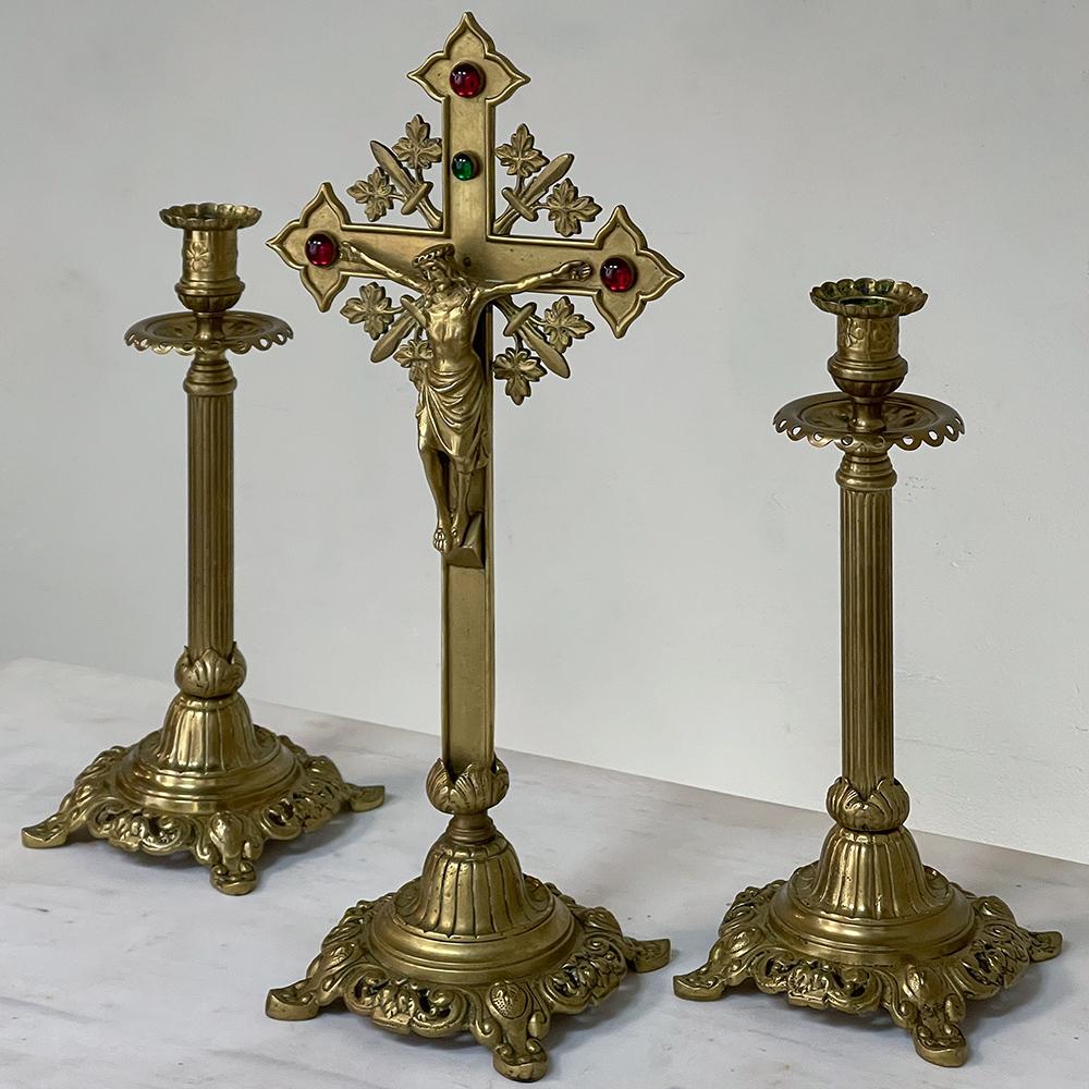 Neoclassical Revival 19th Century Cast Brass Crucifix with Pair of Matching Candlesticks