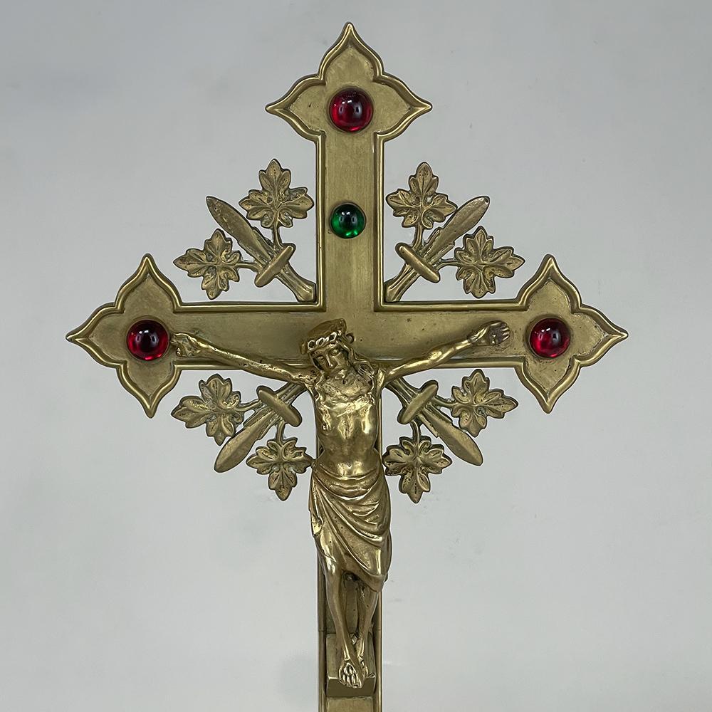French 19th Century Cast Brass Crucifix with Pair of Matching Candlesticks
