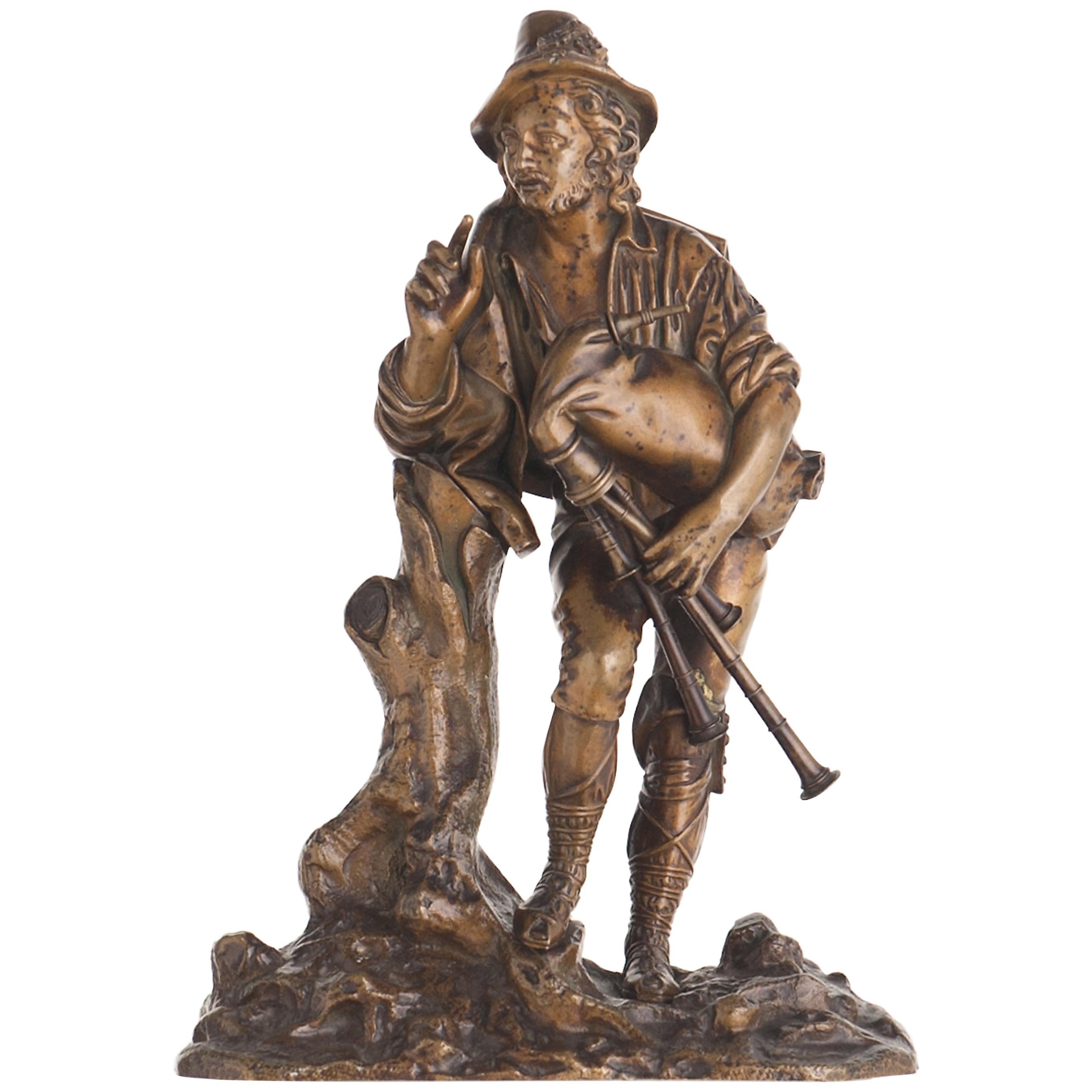 19th Century Cast Bronze of a Dancing Bagpiper For Sale