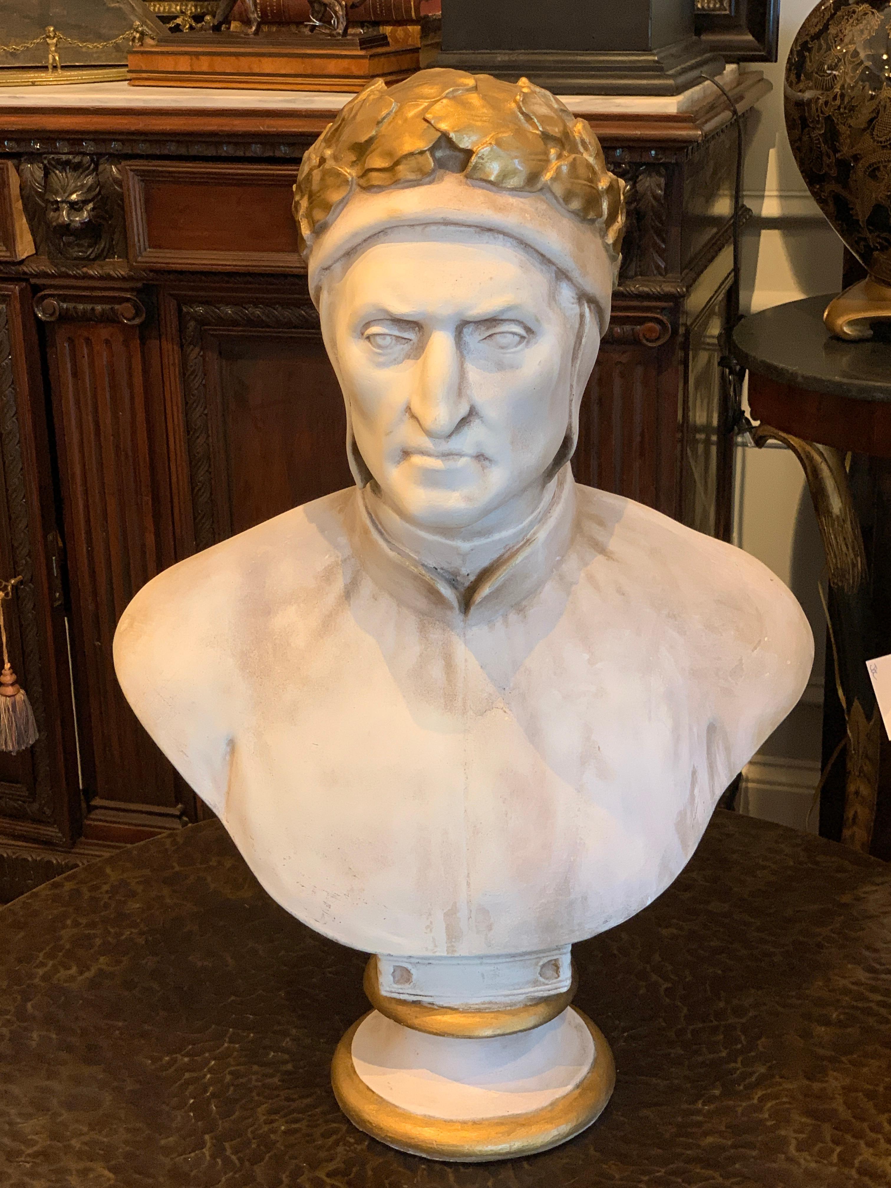 19th century cast and gilt plaster portrait bust of Dante Alighieri, a fine and large example in very fine well cared for condition, raised on a 8