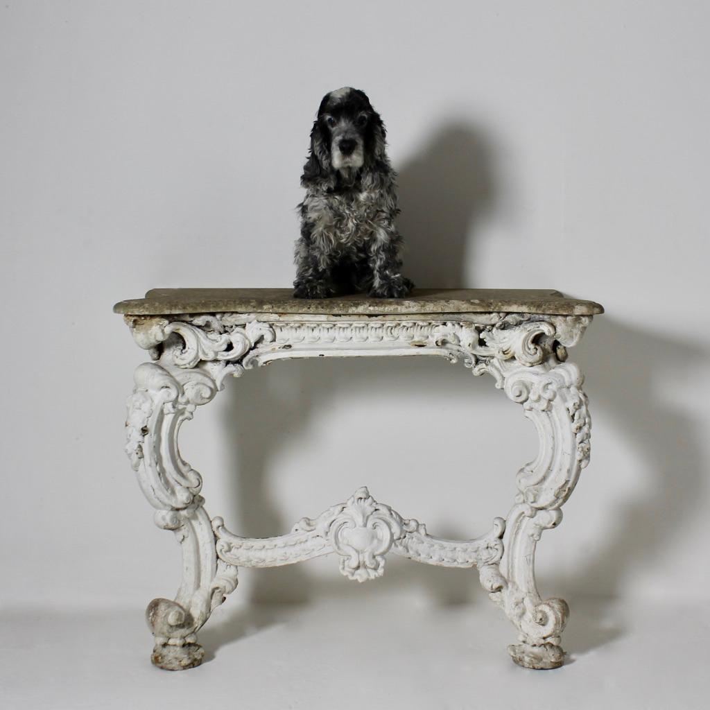 The most beautiful and rare mid-19th century cast iron and marble topped console table by James Yates of Rotherham. Retaining its original marble top, the base having been painted many many times, the whole now weathered to perfection as although