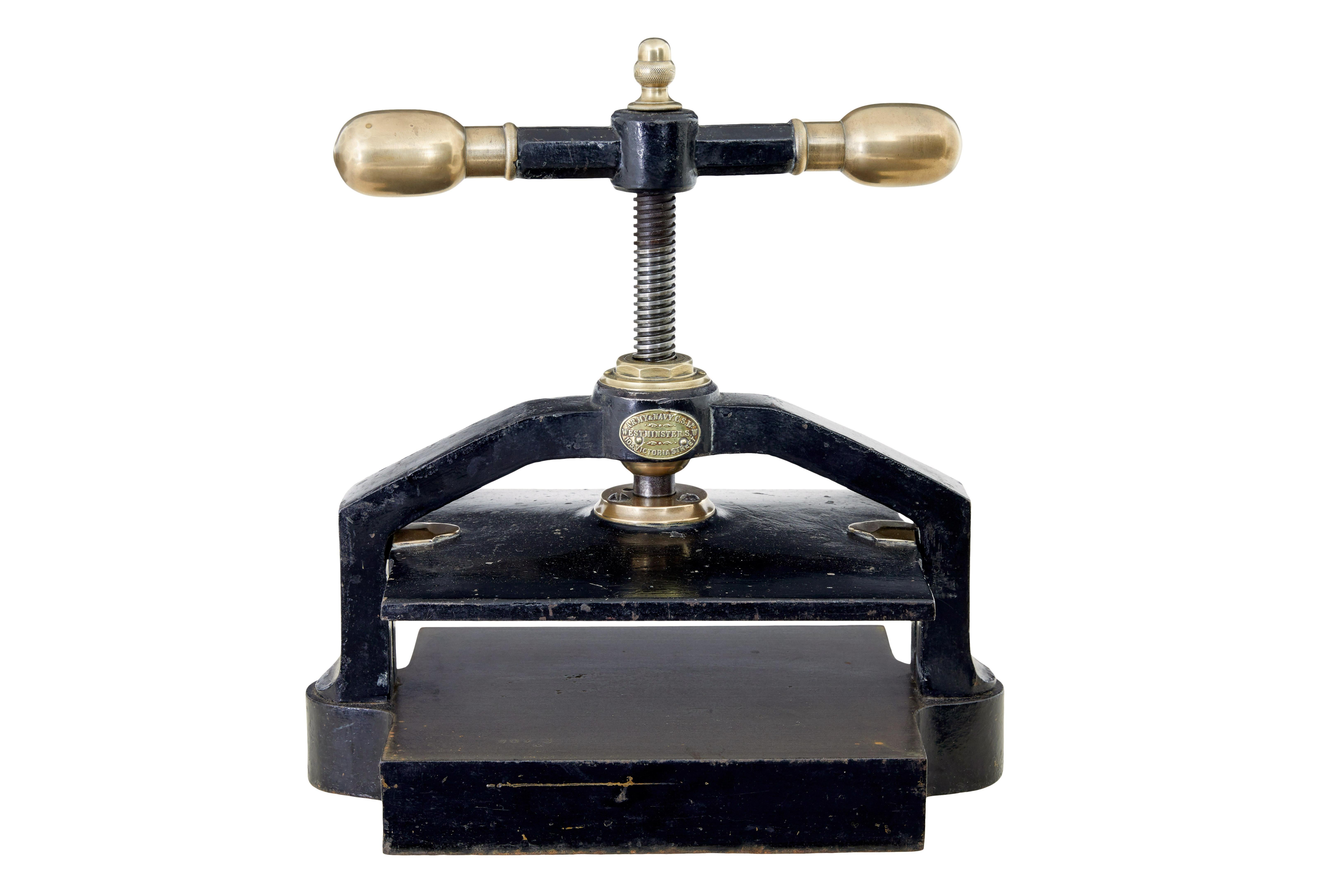 19th century cast iron book press by army and navy csl circa 1890.

Fine quality book press by army & navy c.S.L .  Army and navy co-operative society limited was formed in 1871 by british army and navy officers, producing and retailing various
