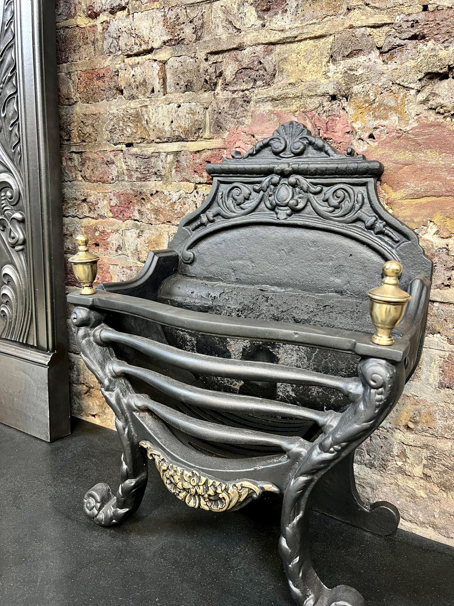 Blackened 19th Century Cast Iron & Brass Fireplace Basket Grate For Sale
