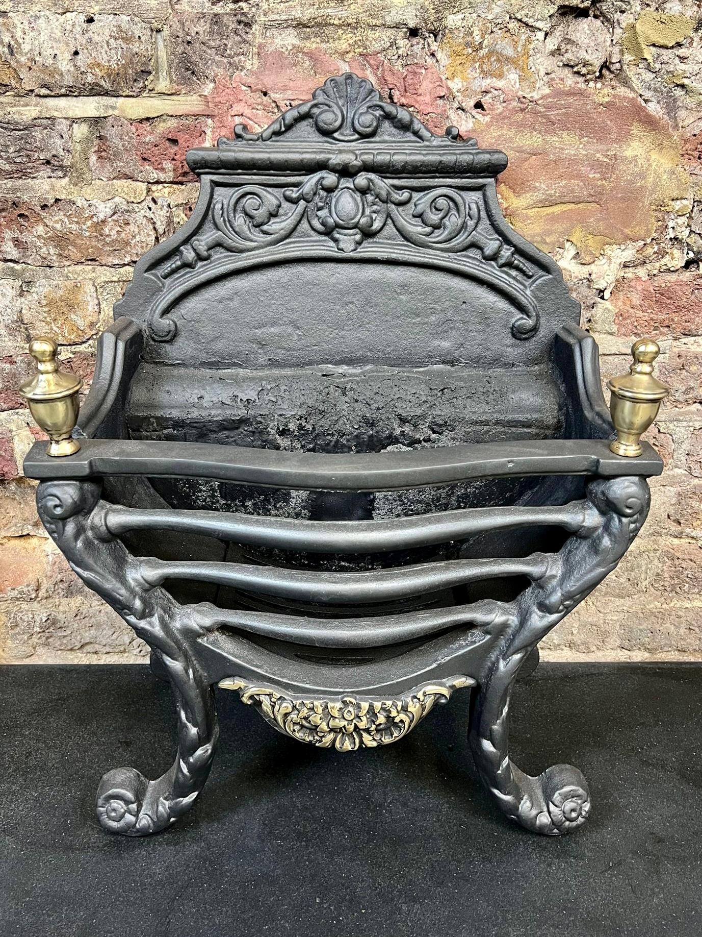 19th Century Cast Iron & Brass Fireplace Basket Grate For Sale 2