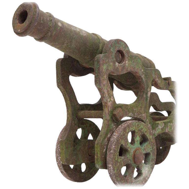 Rare Victorian antique cast-iron cannons by J P Napier will make a statement garden ornament, both are beautifully aged made from cast iron with four wheels and an adjustable cannon that used to fire at one time. A wonderful 19th-century addition to