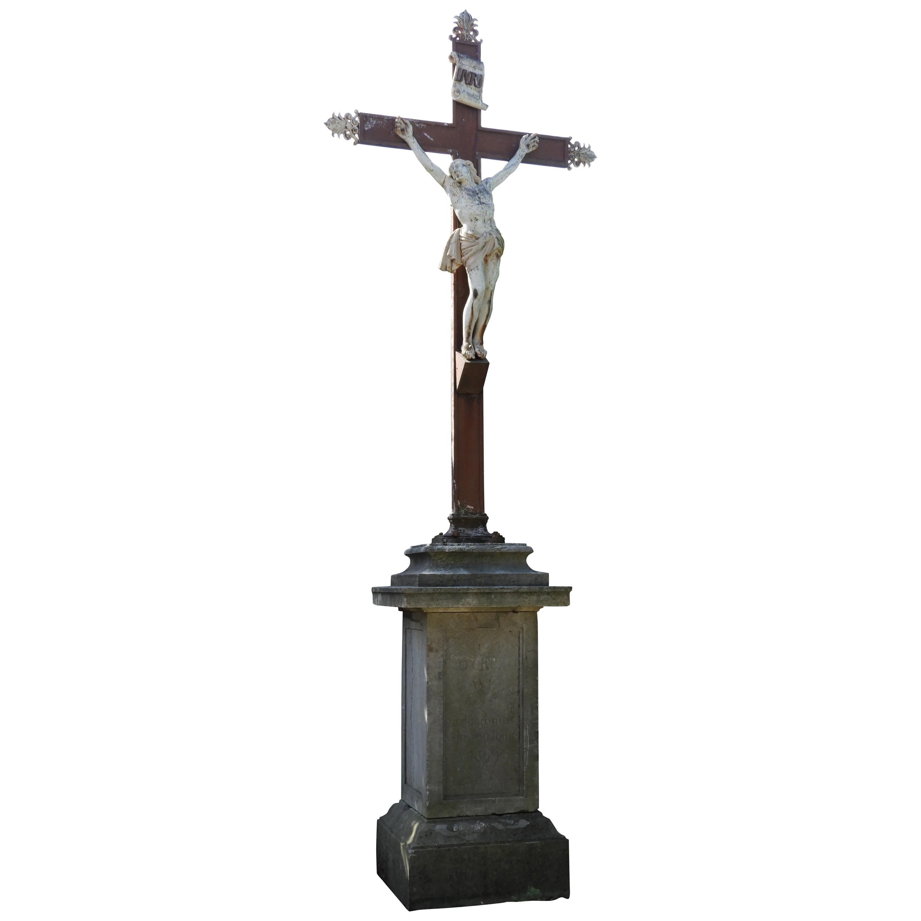 19th Century Cast Iron Christ on Solid Burgundy Stone Base For Sale
