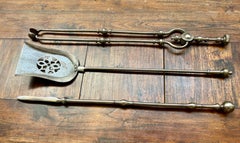19th Century Cast Iron & Copper Fire Tools Andirons